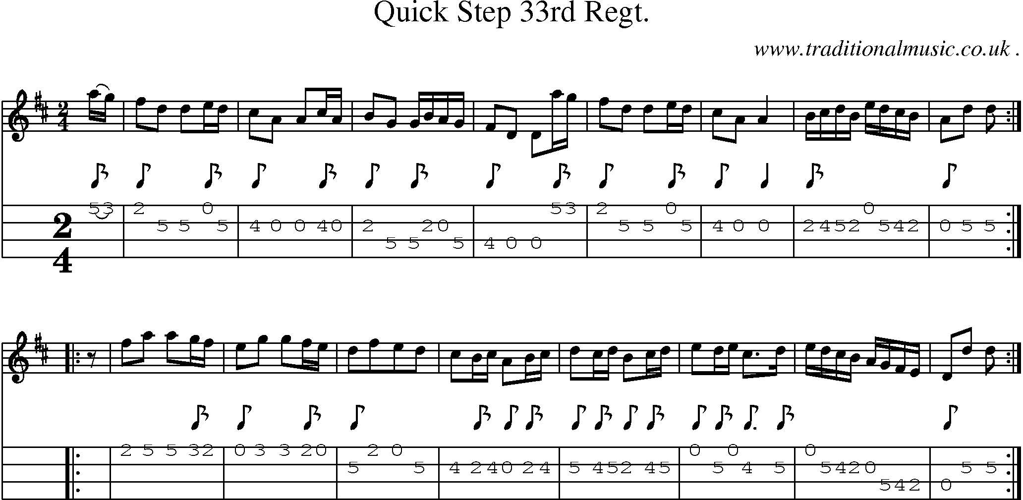 Sheet-music  score, Chords and Mandolin Tabs for Quick Step 33rd Regt