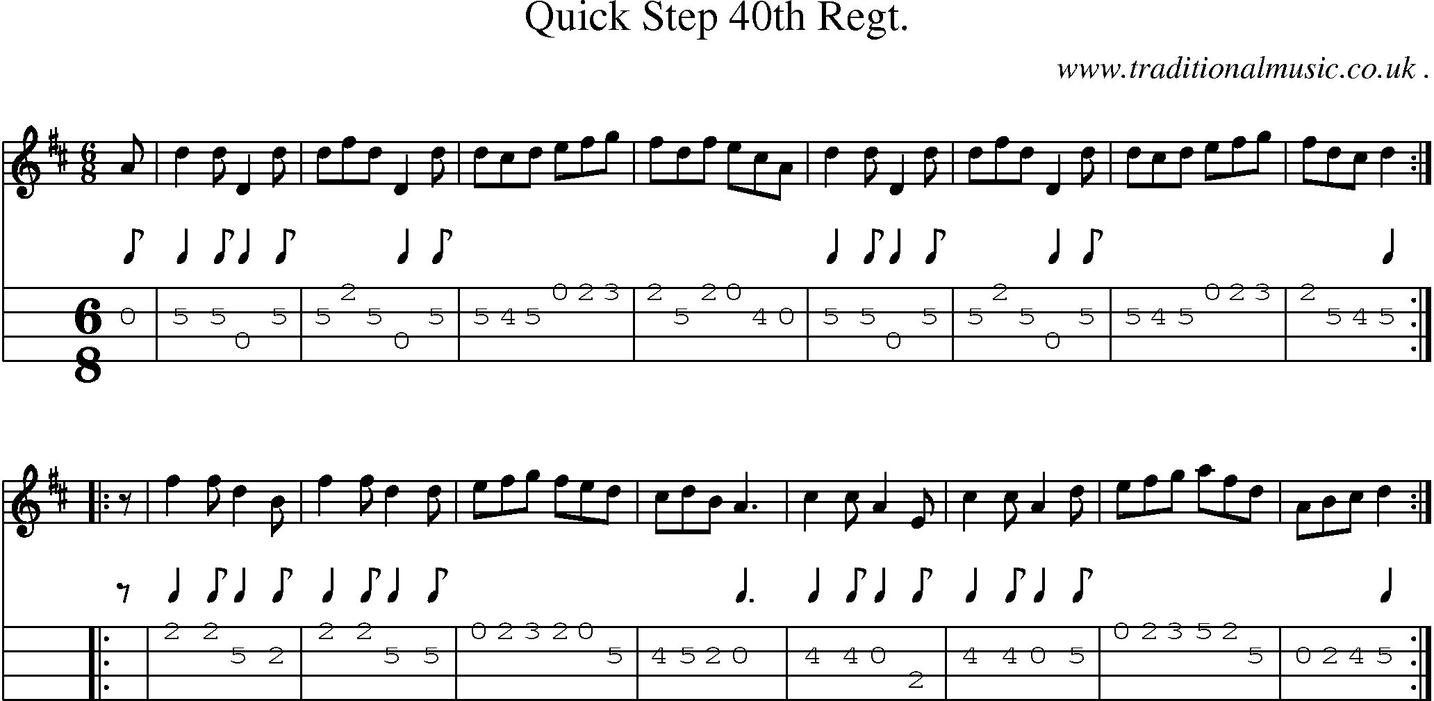 Sheet-music  score, Chords and Mandolin Tabs for Quick Step 40th Regt