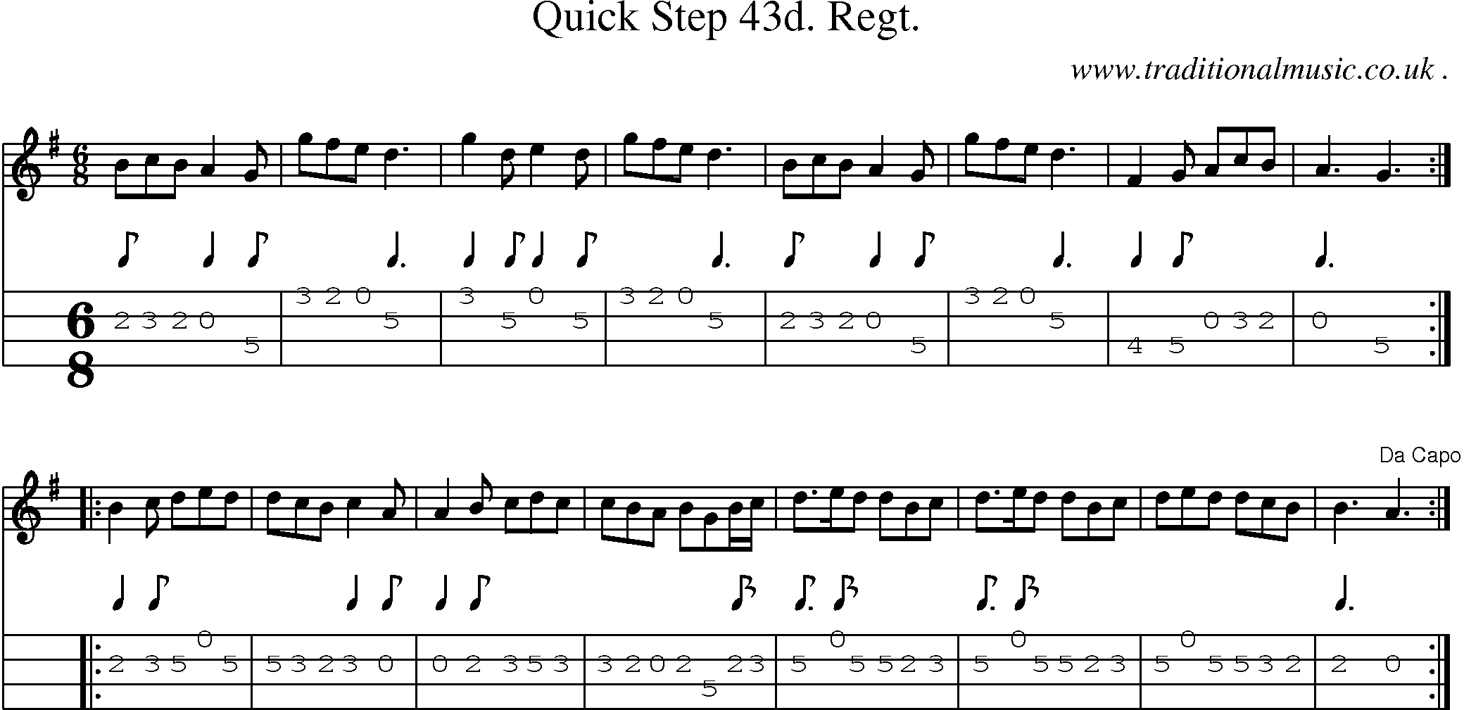Sheet-music  score, Chords and Mandolin Tabs for Quick Step 43d Regt