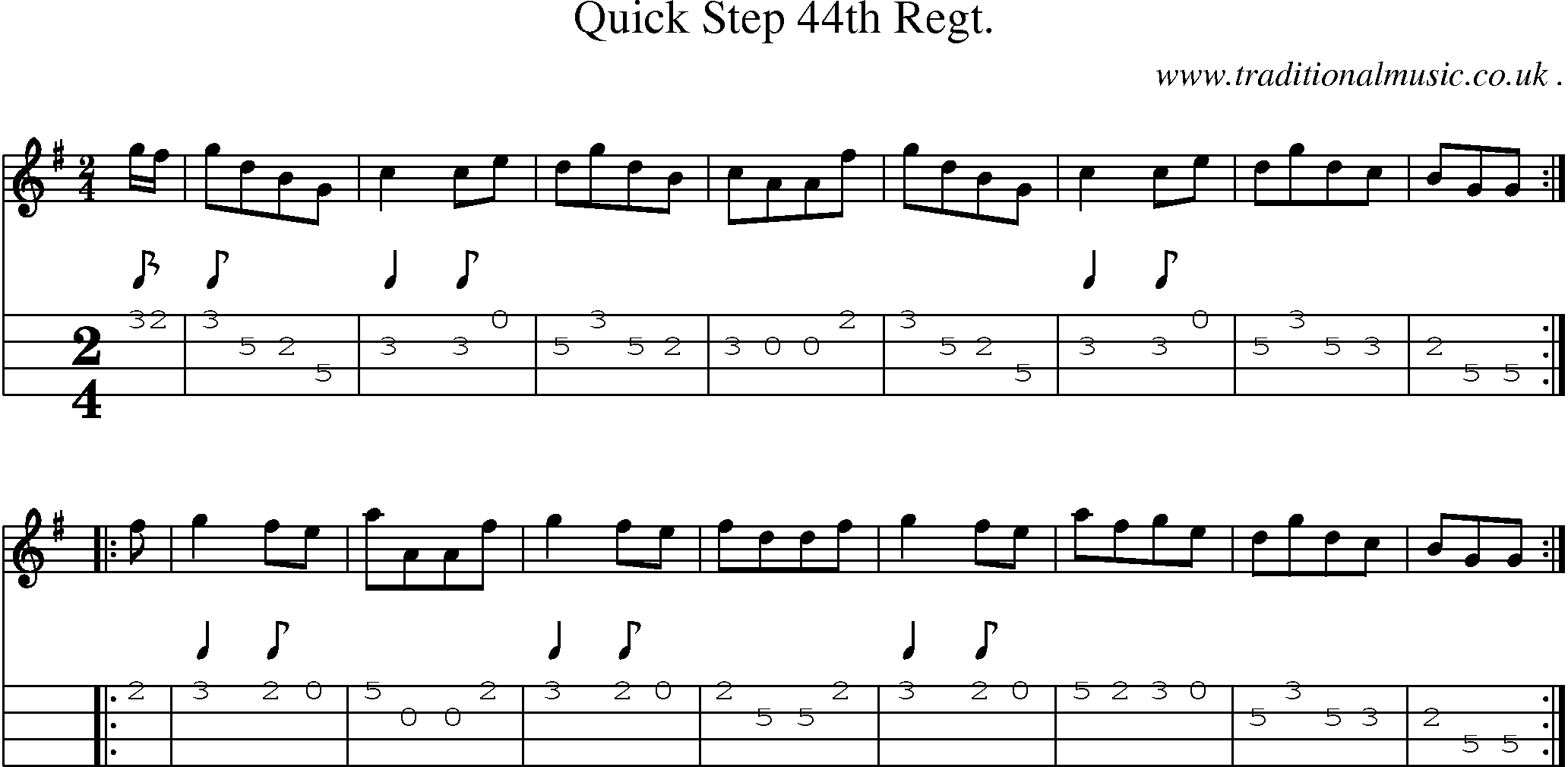 Sheet-music  score, Chords and Mandolin Tabs for Quick Step 44th Regt