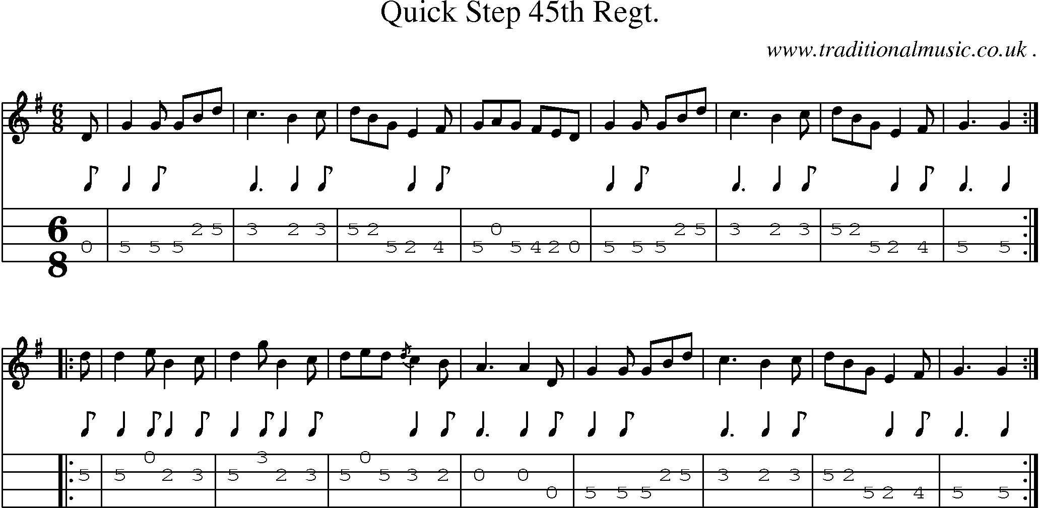Sheet-music  score, Chords and Mandolin Tabs for Quick Step 45th Regt