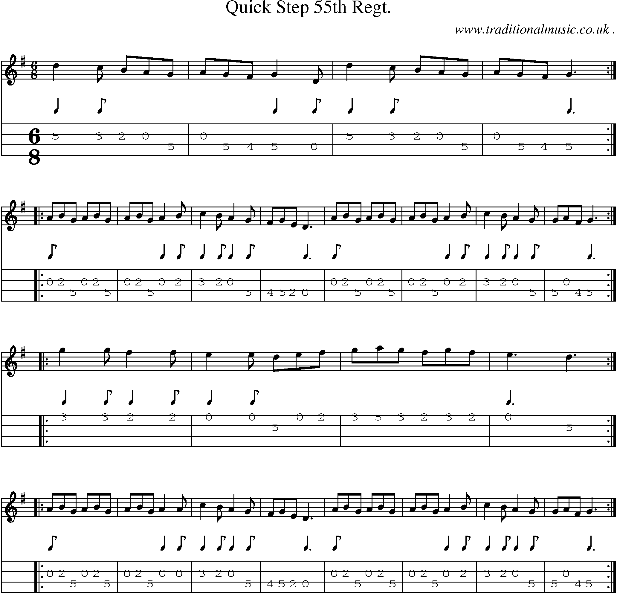 Sheet-music  score, Chords and Mandolin Tabs for Quick Step 55th Regt