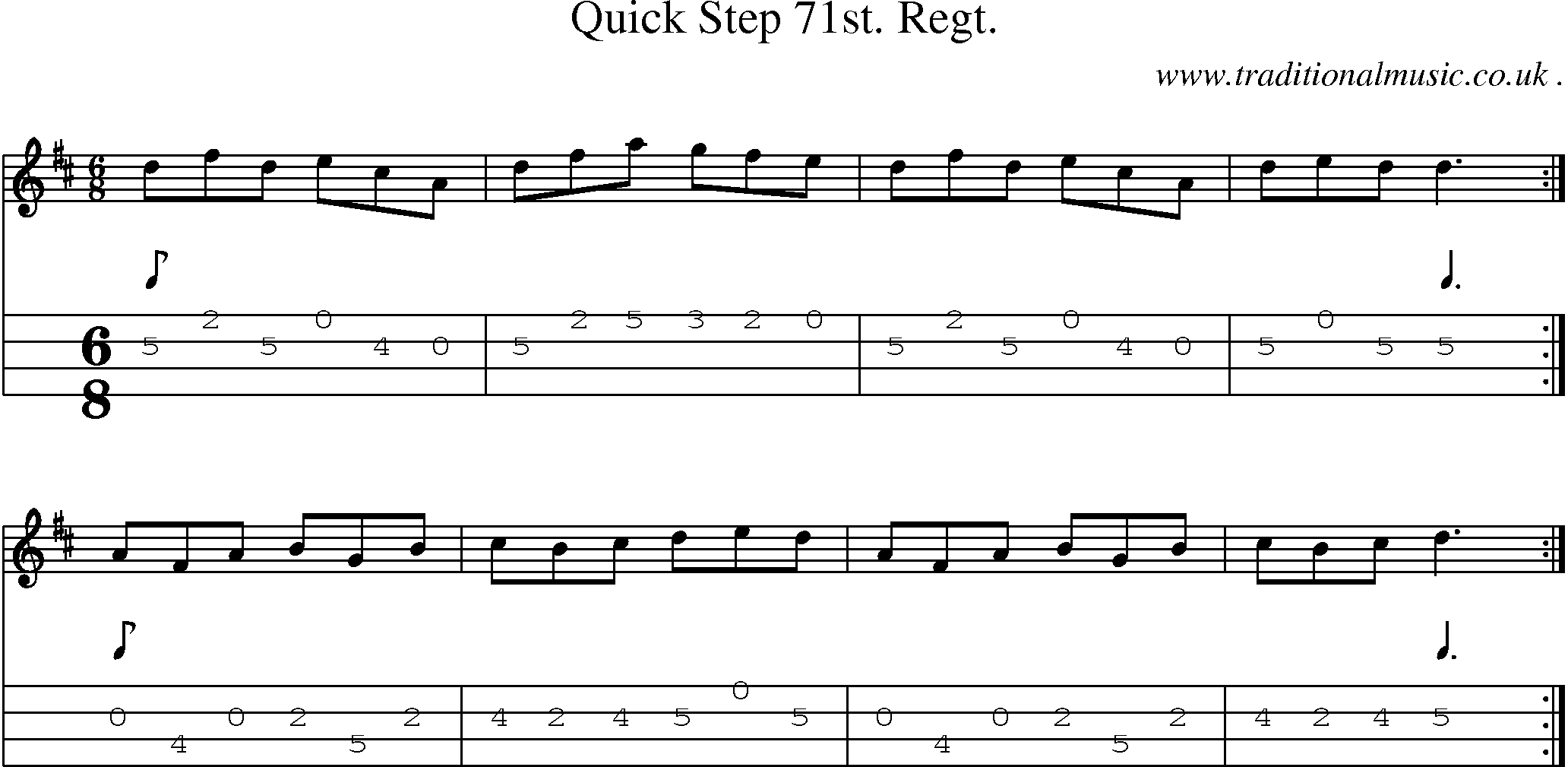 Sheet-music  score, Chords and Mandolin Tabs for Quick Step 71st Regt