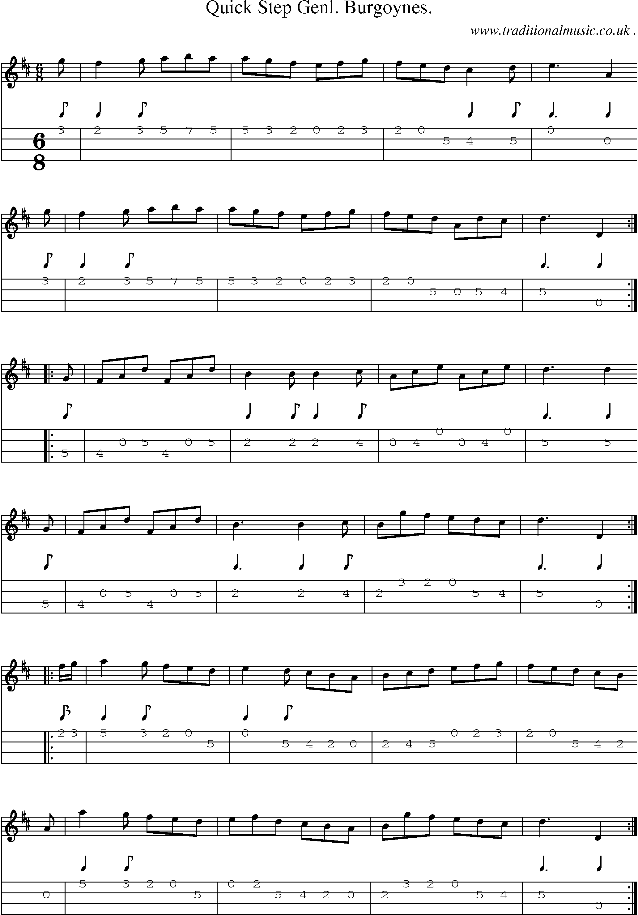 Sheet-music  score, Chords and Mandolin Tabs for Quick Step Genl Burgoynes