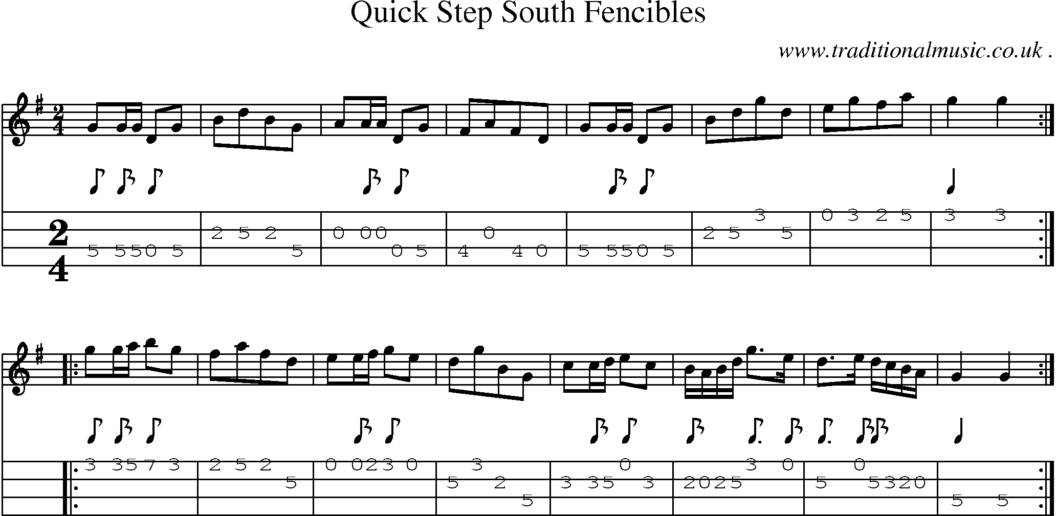 Sheet-music  score, Chords and Mandolin Tabs for Quick Step South Fencibles