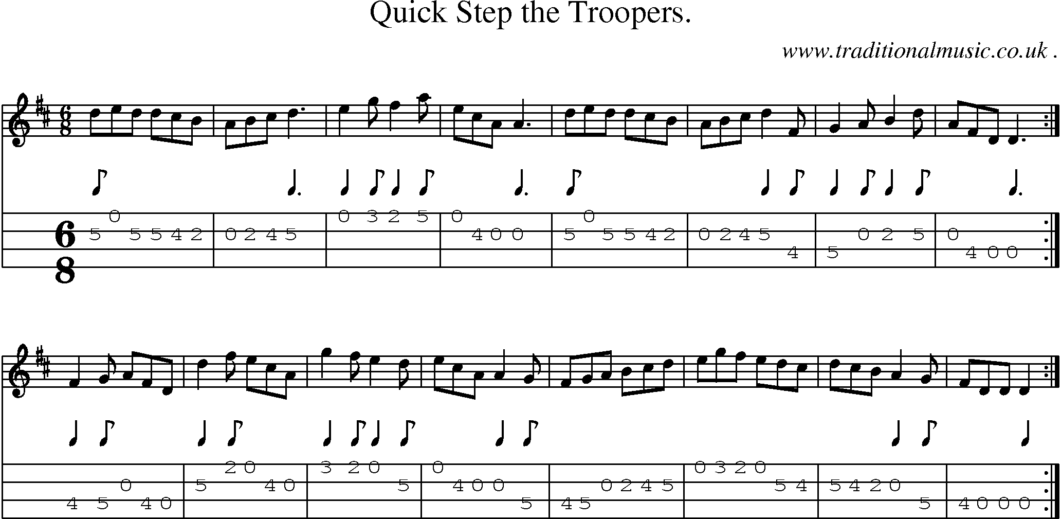 Sheet-music  score, Chords and Mandolin Tabs for Quick Step The Troopers
