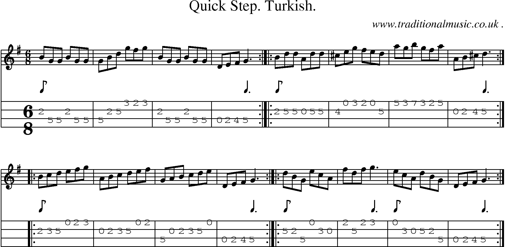 Sheet-music  score, Chords and Mandolin Tabs for Quick Step Turkish