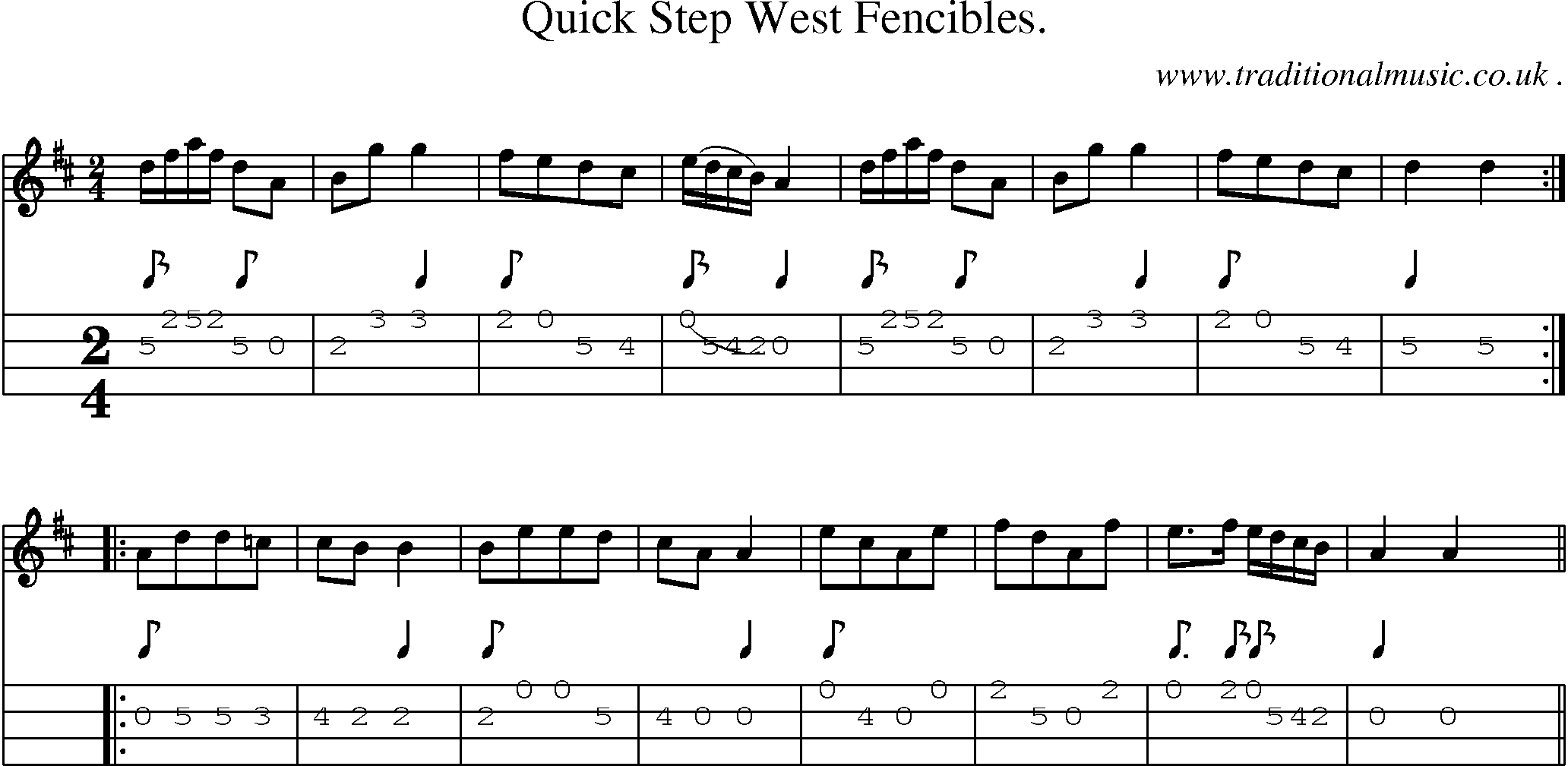 Sheet-music  score, Chords and Mandolin Tabs for Quick Step West Fencibles