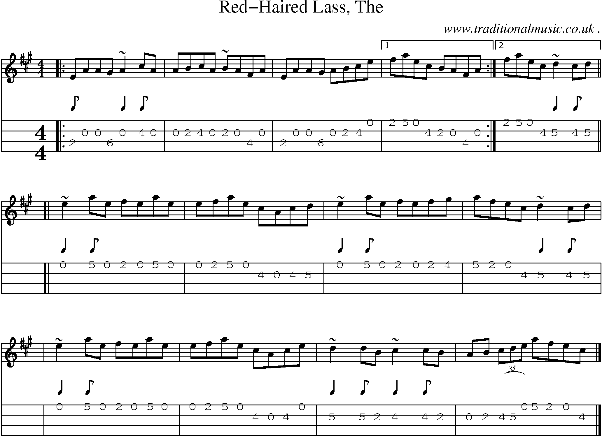 Sheet-music  score, Chords and Mandolin Tabs for Red-haired Lass The