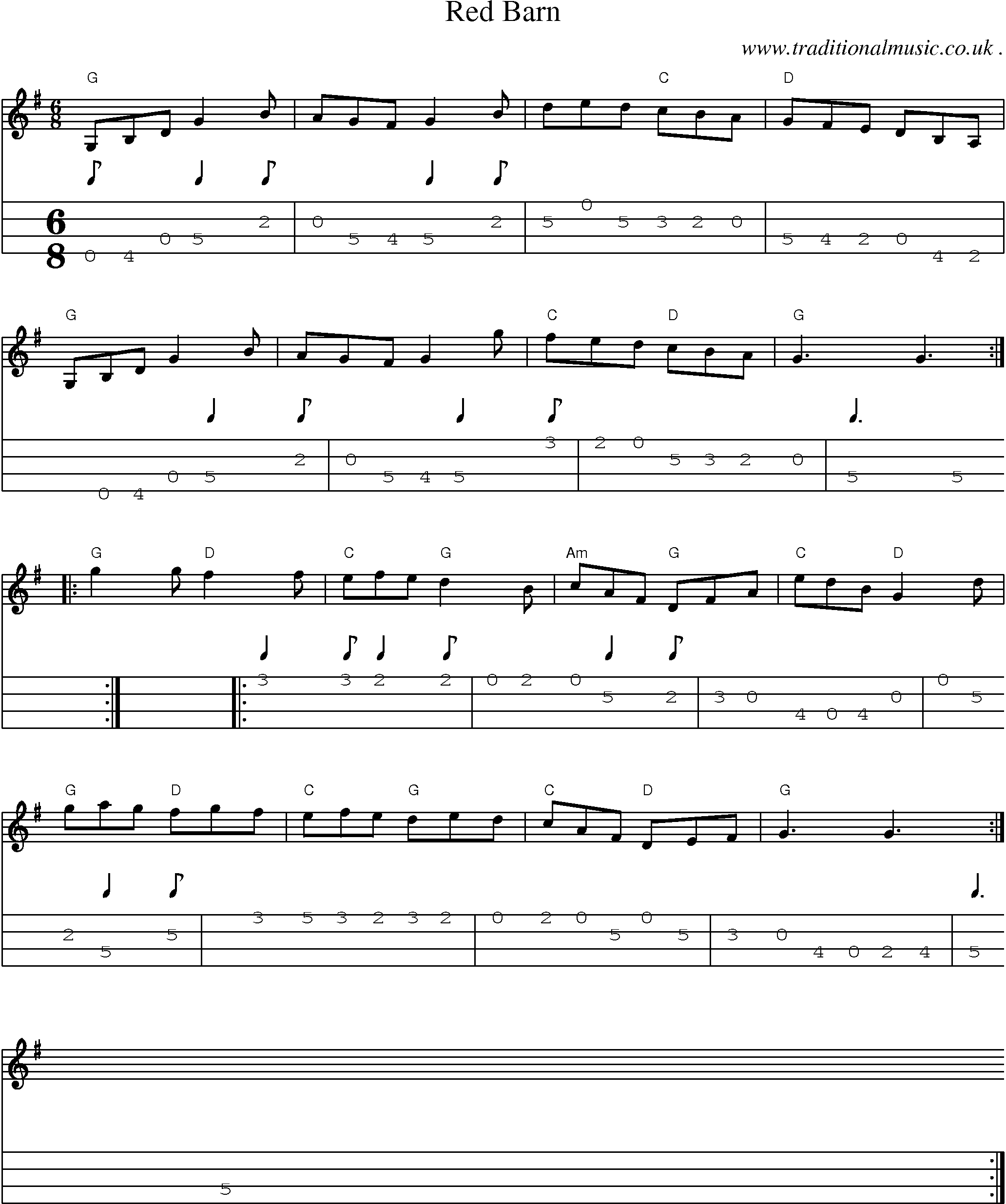 Sheet-music  score, Chords and Mandolin Tabs for Red Barn