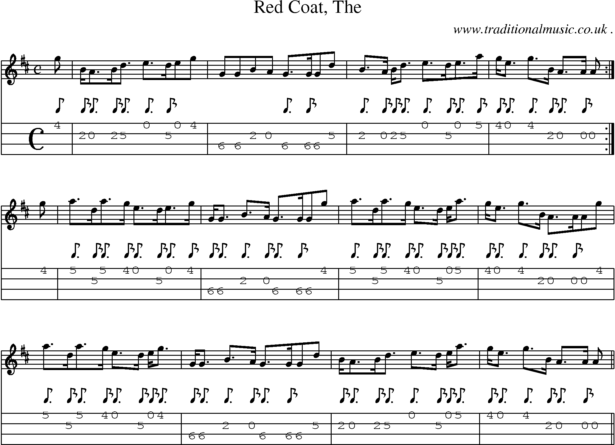 Sheet-music  score, Chords and Mandolin Tabs for Red Coat The