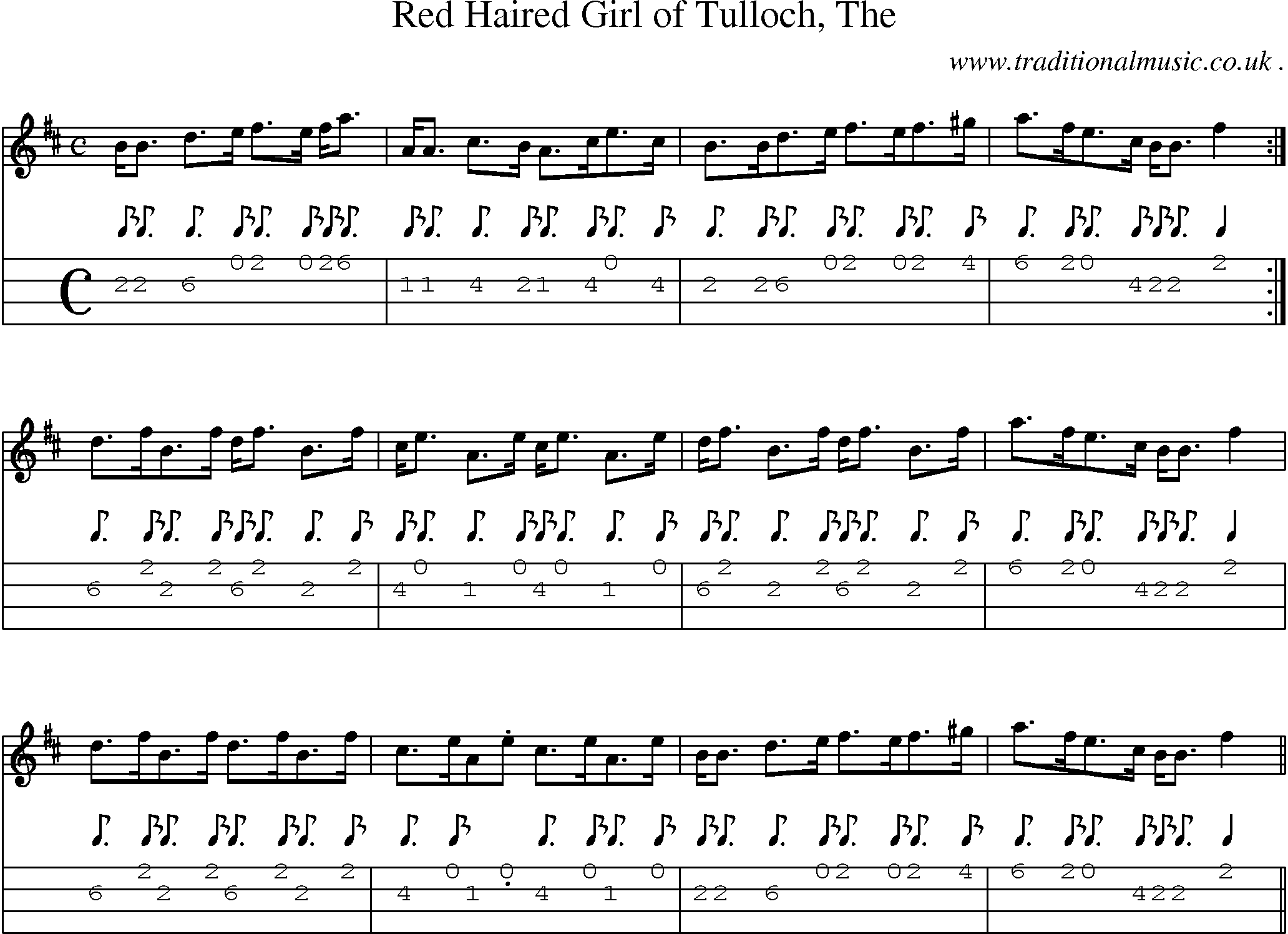 Sheet-music  score, Chords and Mandolin Tabs for Red Haired Girl Of Tulloch The