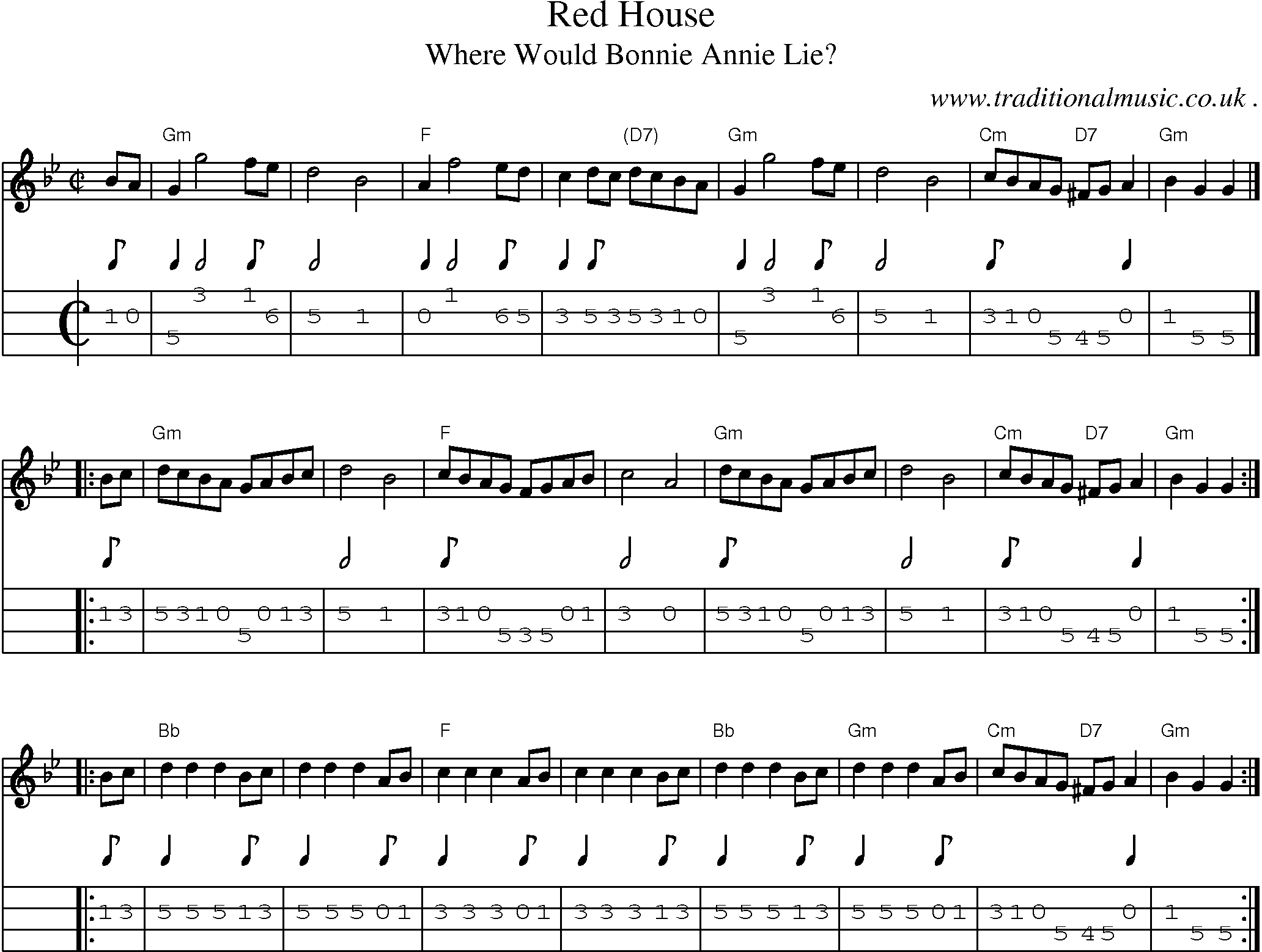 Sheet-music  score, Chords and Mandolin Tabs for Red House