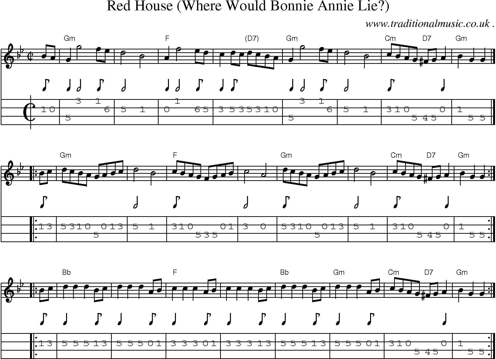 Sheet-music  score, Chords and Mandolin Tabs for Red House Where Would Bonnie Annie Lie