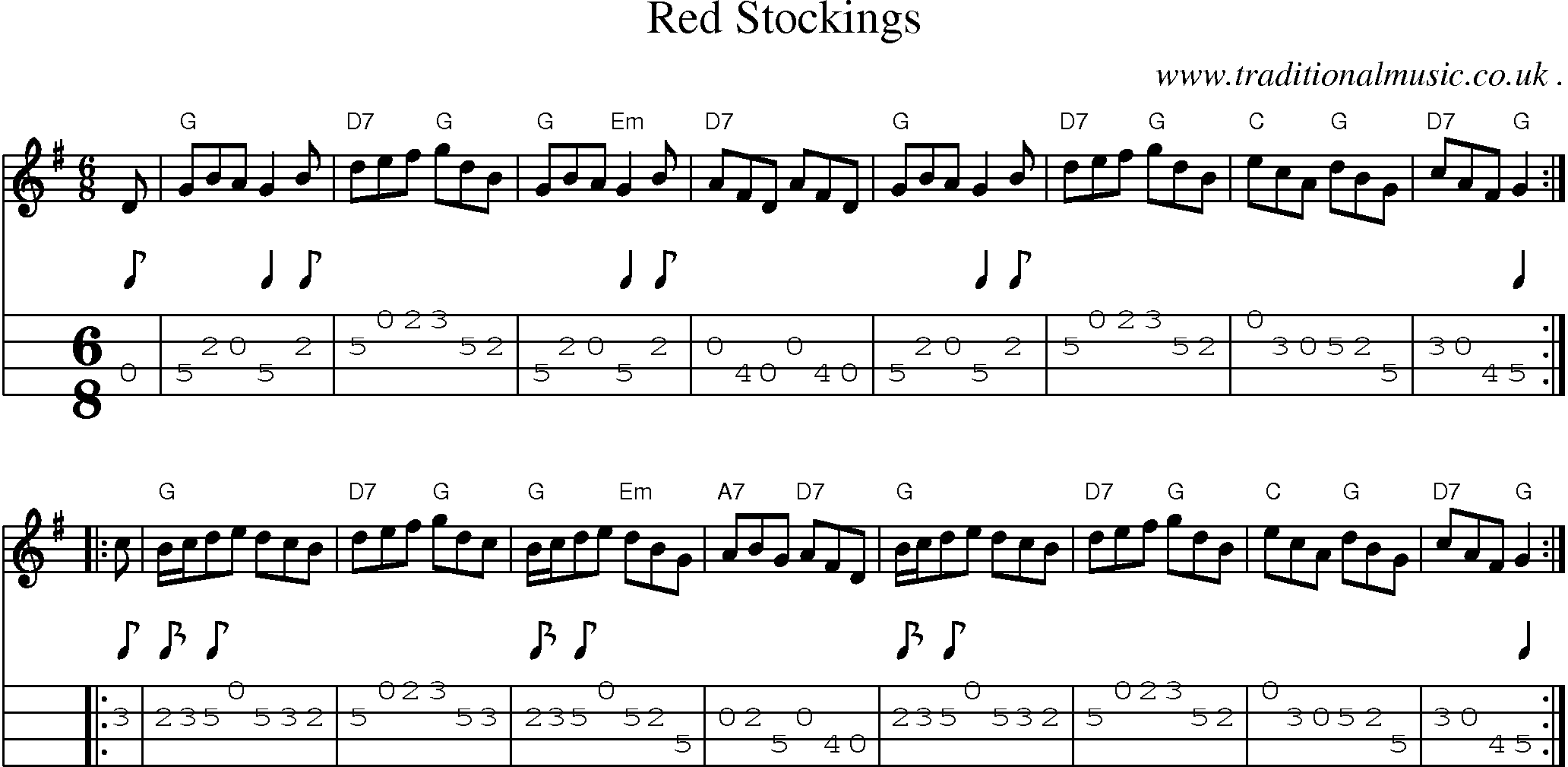 Sheet-music  score, Chords and Mandolin Tabs for Red Stockings