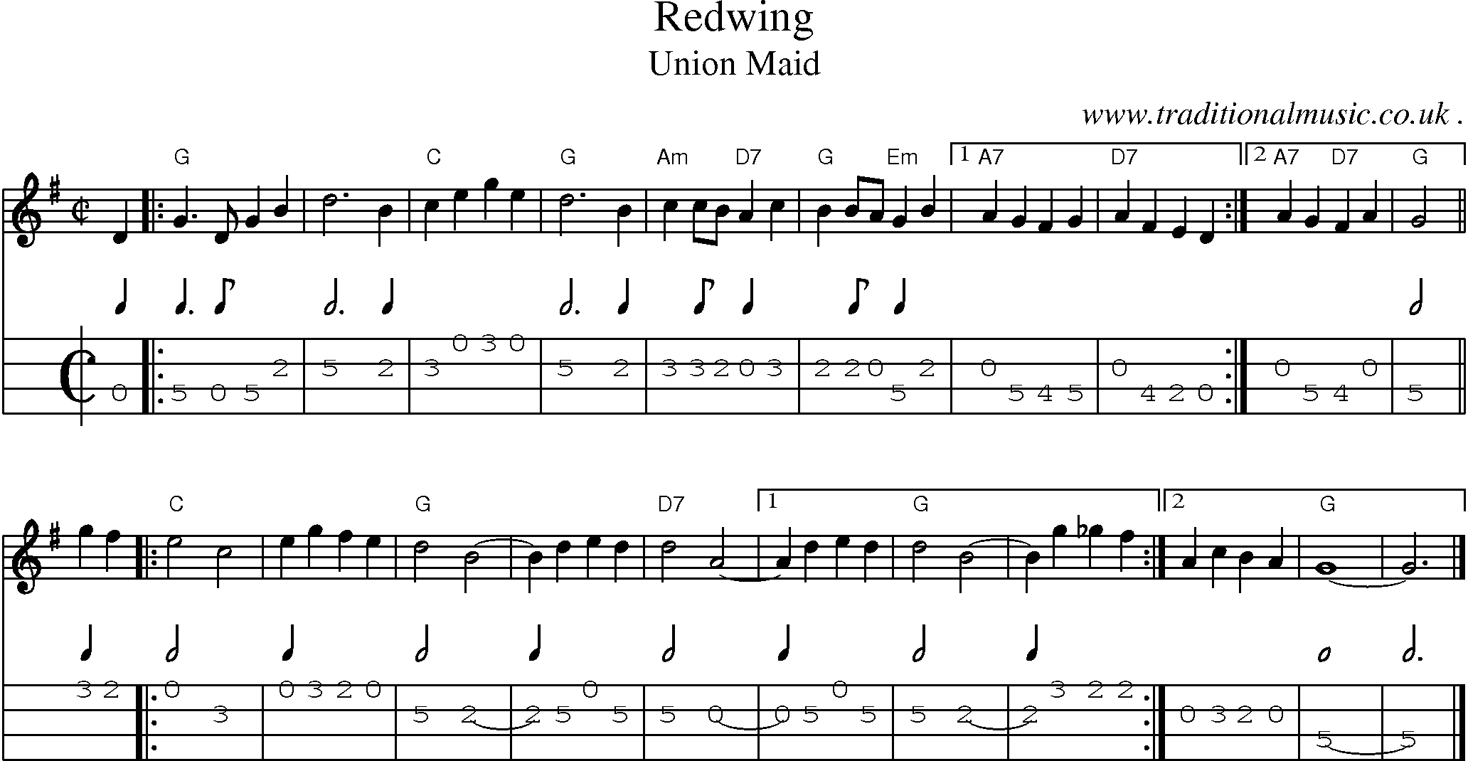 Sheet-music  score, Chords and Mandolin Tabs for Redwing