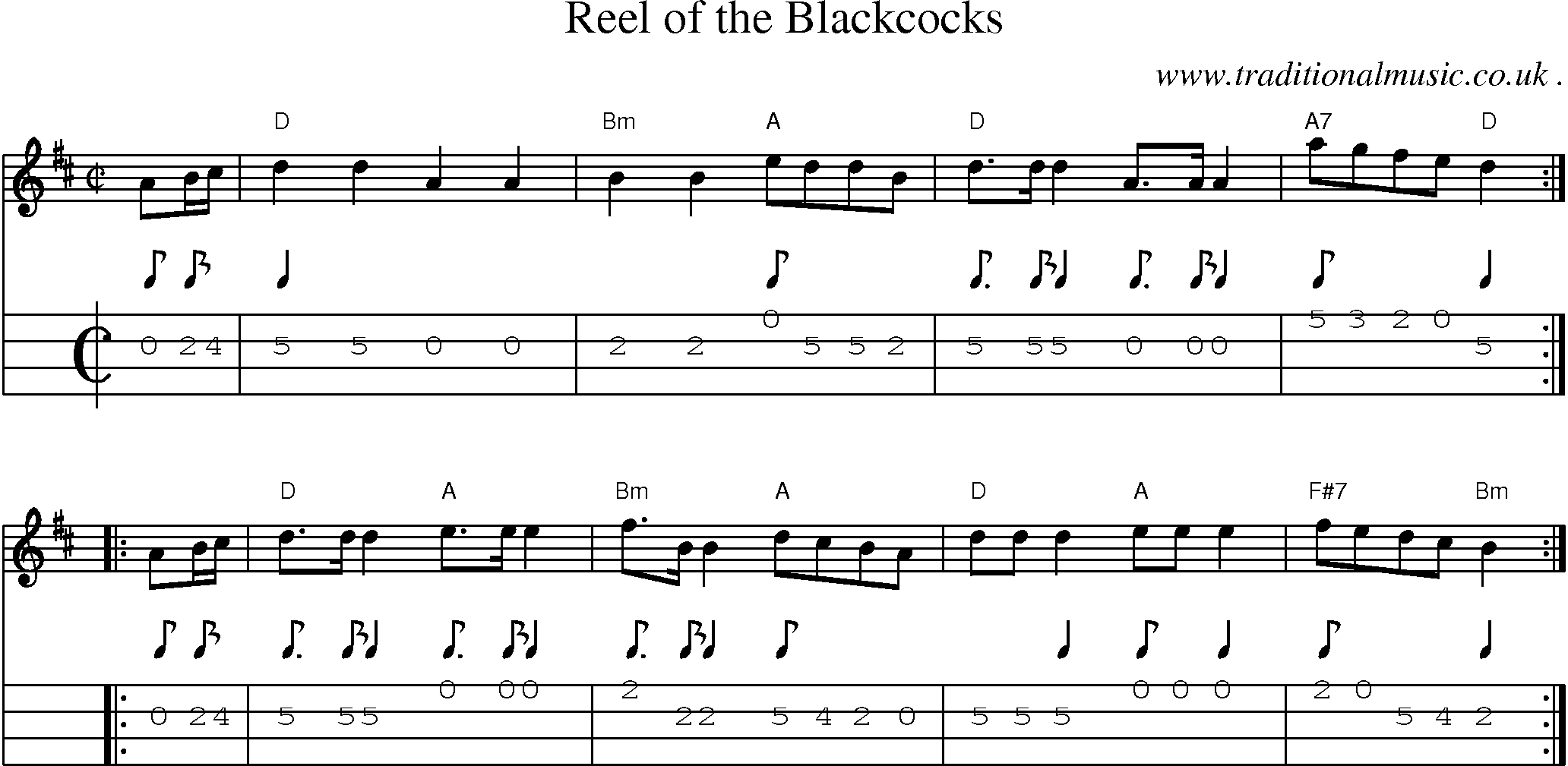 Sheet-music  score, Chords and Mandolin Tabs for Reel Of The Blackcocks