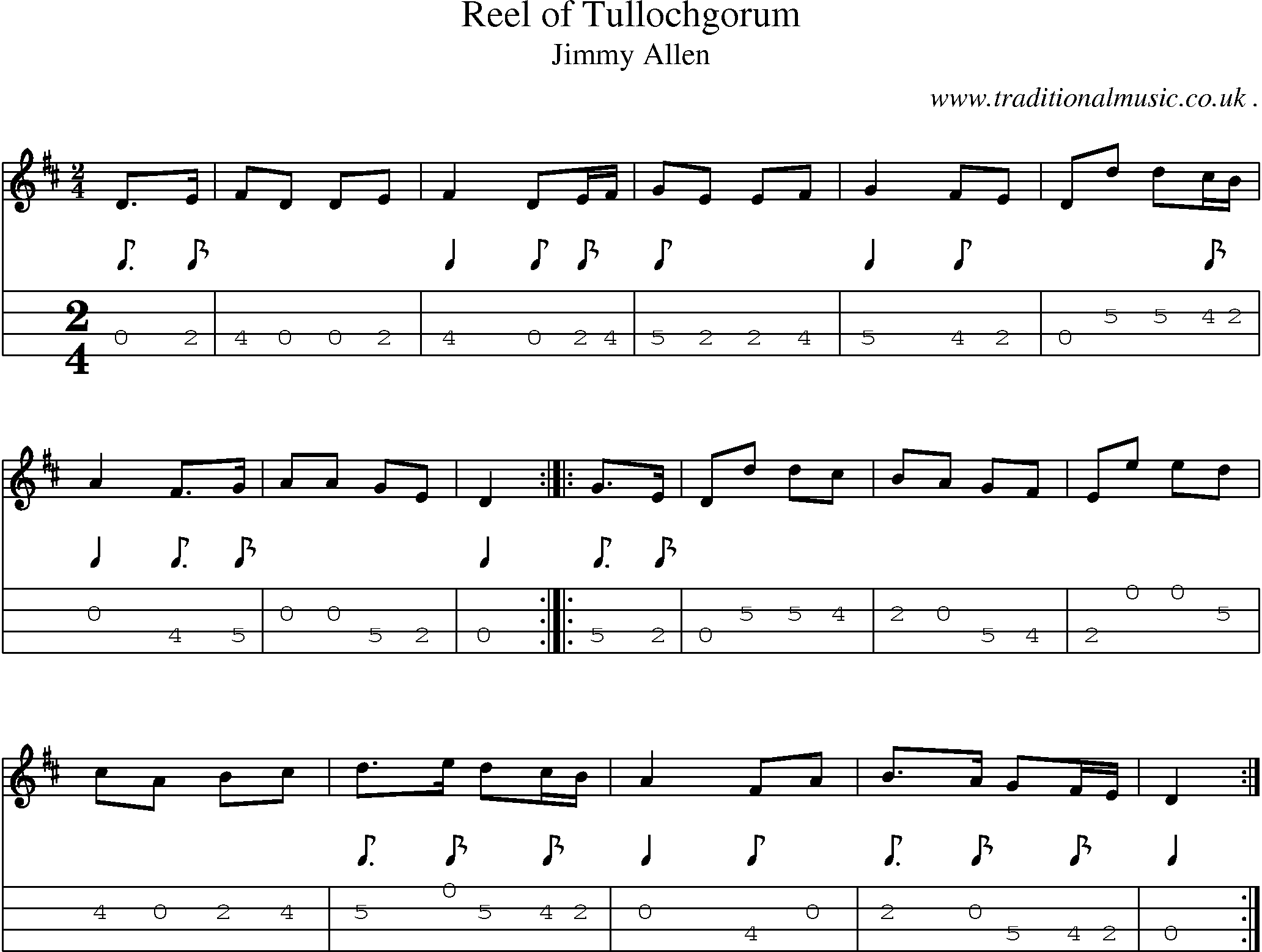 Sheet-music  score, Chords and Mandolin Tabs for Reel Of Tullochgorum