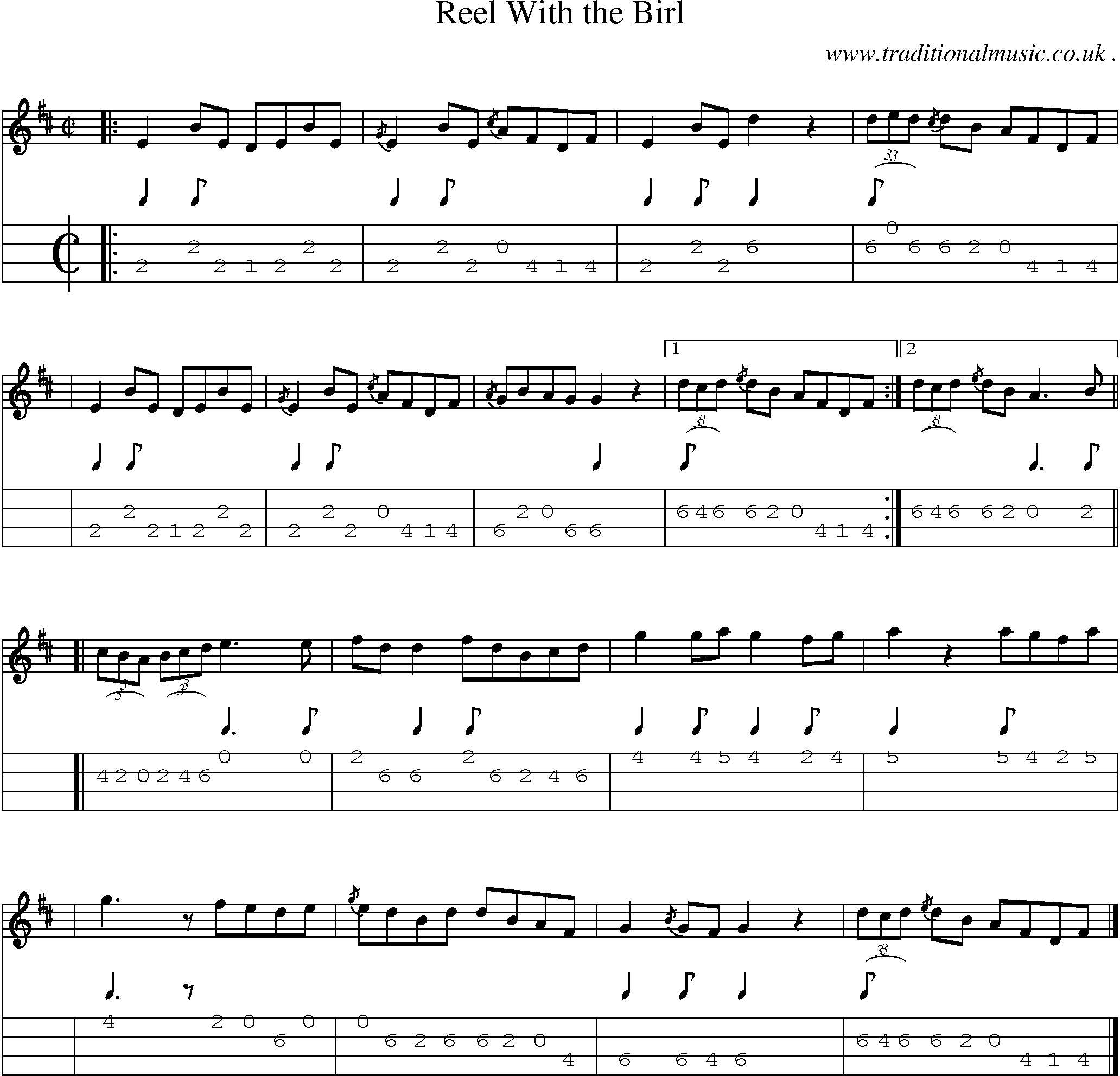 Sheet-music  score, Chords and Mandolin Tabs for Reel With The Birl