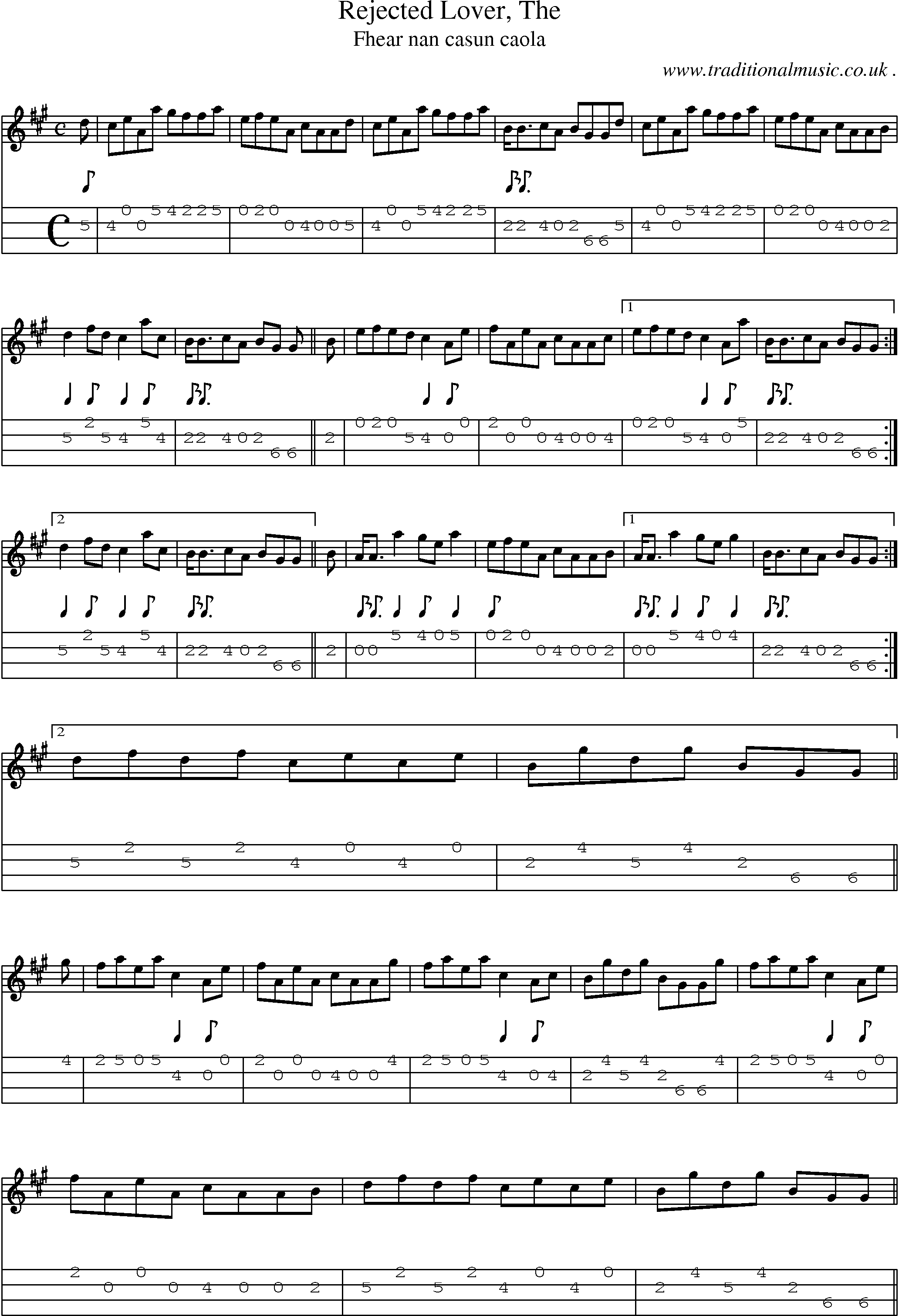 Sheet-music  score, Chords and Mandolin Tabs for Rejected Lover The