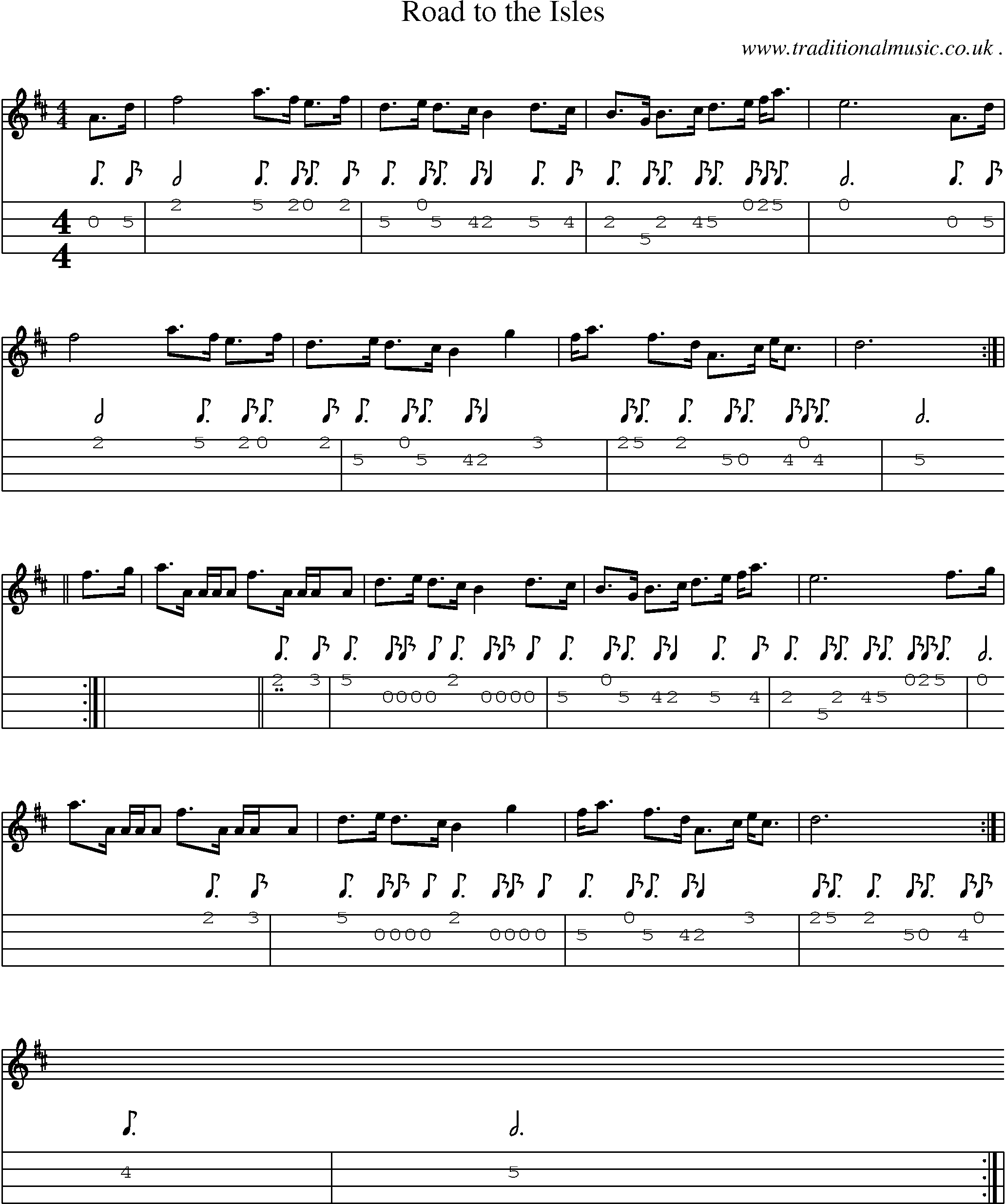 Sheet-music  score, Chords and Mandolin Tabs for Road To The Isles