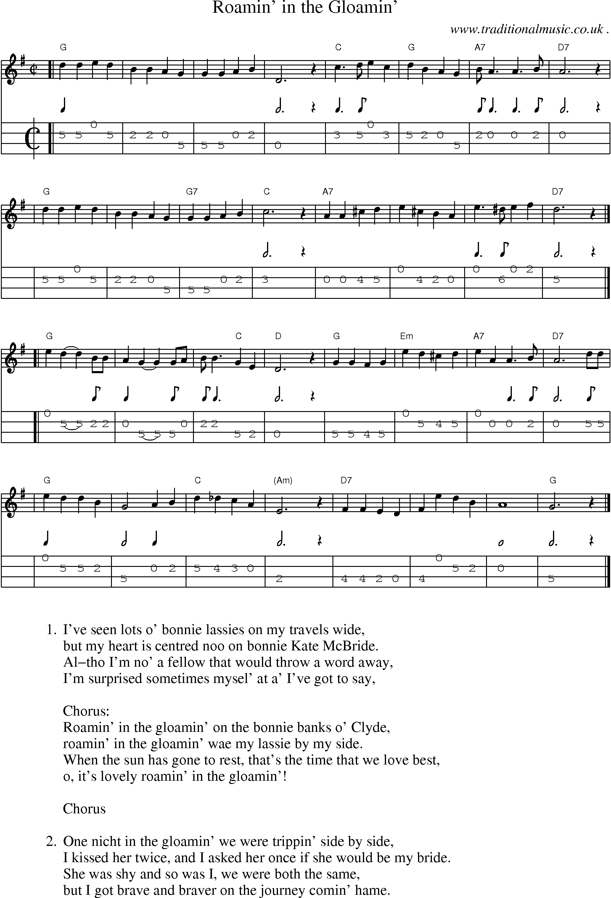 Sheet-music  score, Chords and Mandolin Tabs for Roamin In The Gloamin
