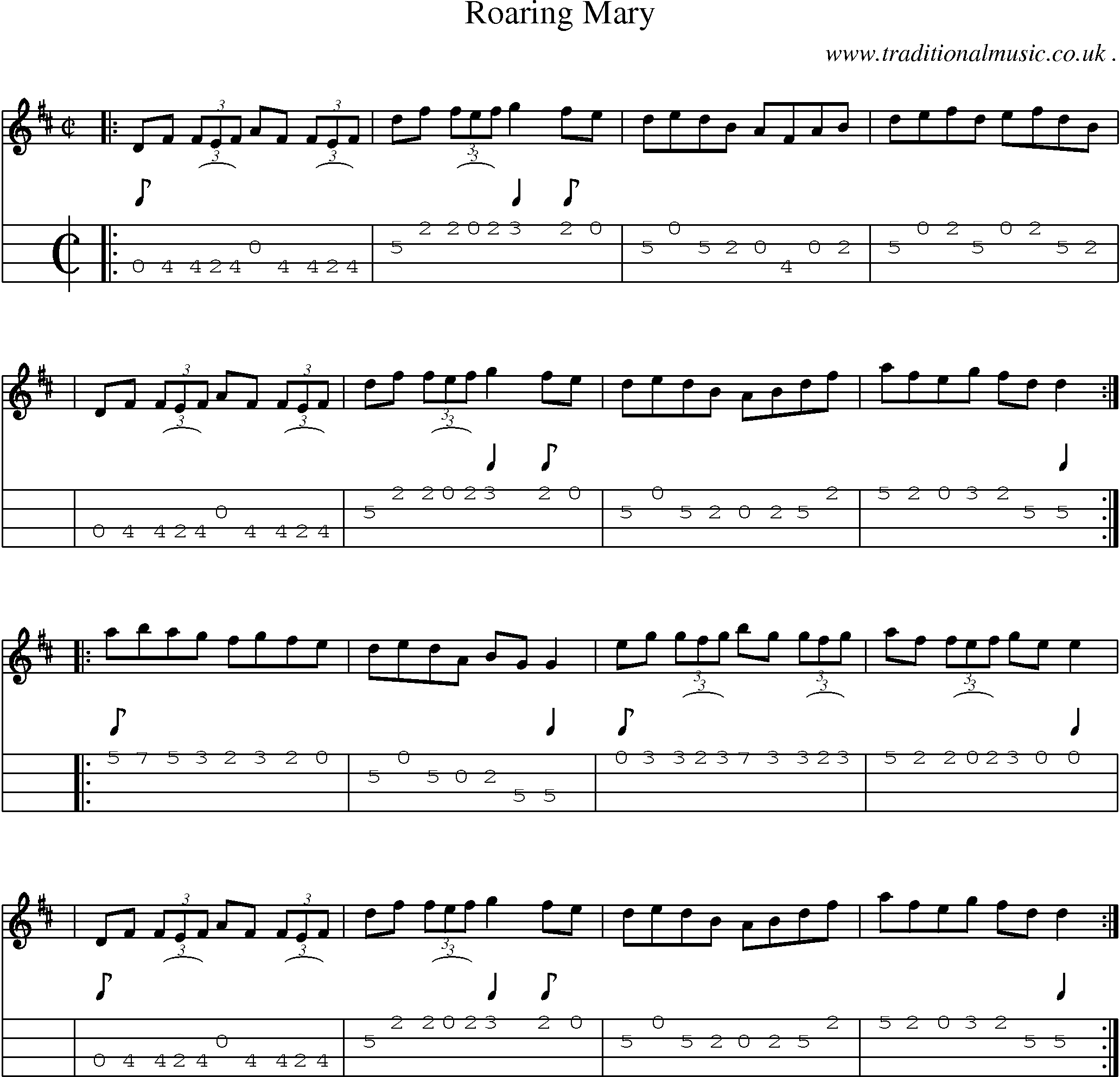Sheet-music  score, Chords and Mandolin Tabs for Roaring Mary