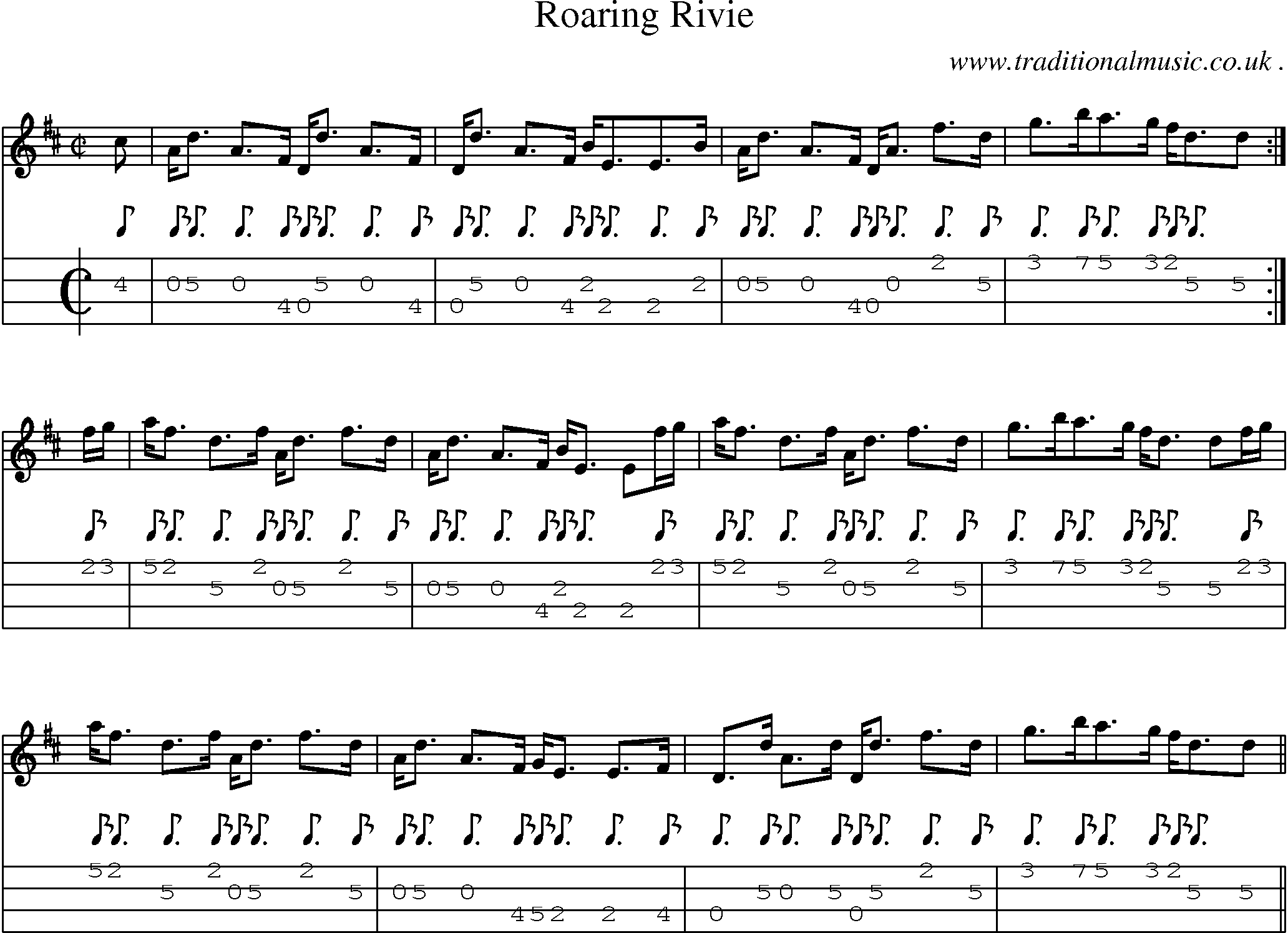 Sheet-music  score, Chords and Mandolin Tabs for Roaring Rivie