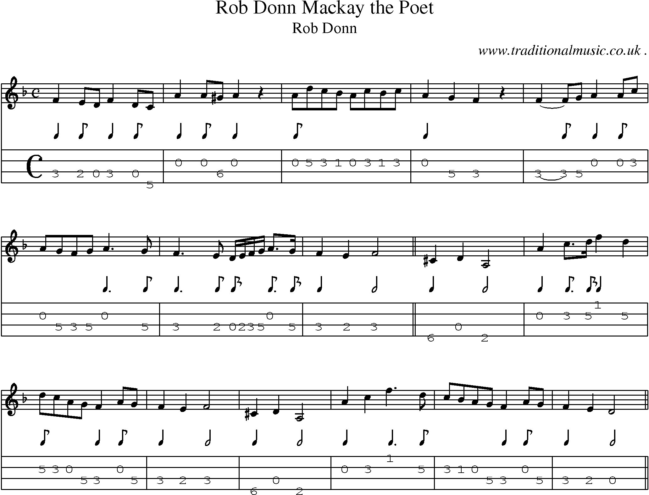 Sheet-music  score, Chords and Mandolin Tabs for Rob Donn Mackay The Poet