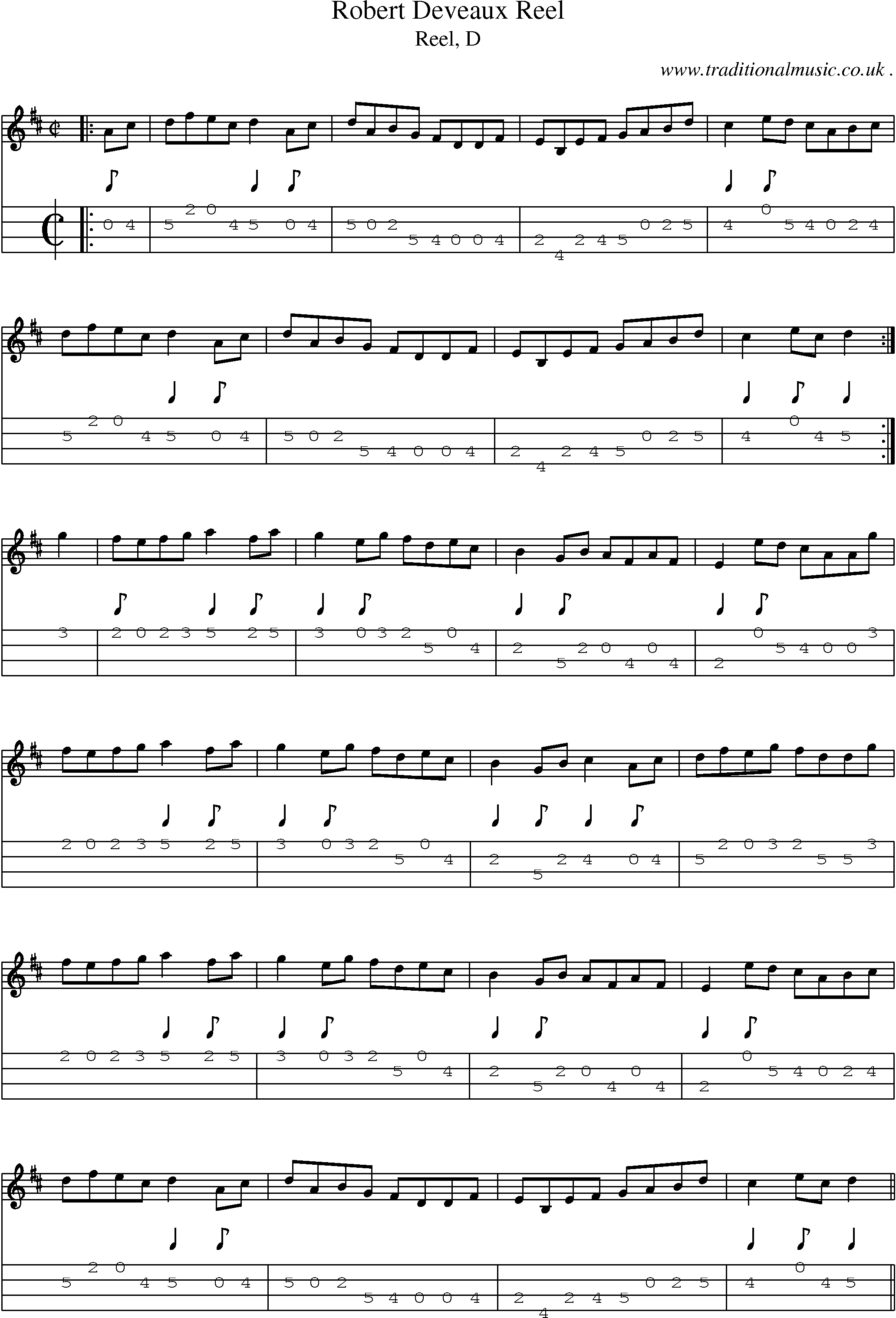 Sheet-music  score, Chords and Mandolin Tabs for Robert Deveaux Reel