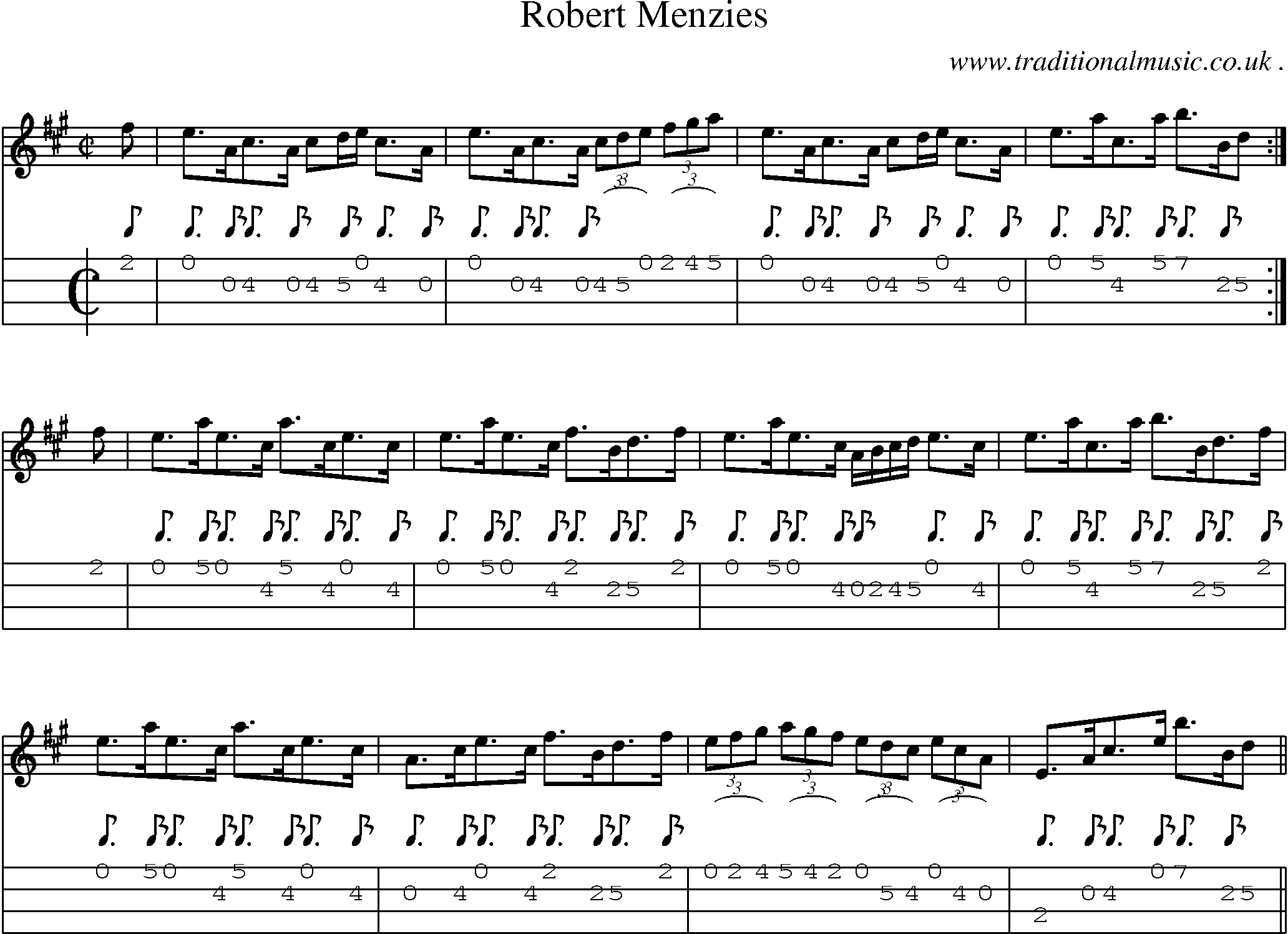 Sheet-music  score, Chords and Mandolin Tabs for Robert Menzies