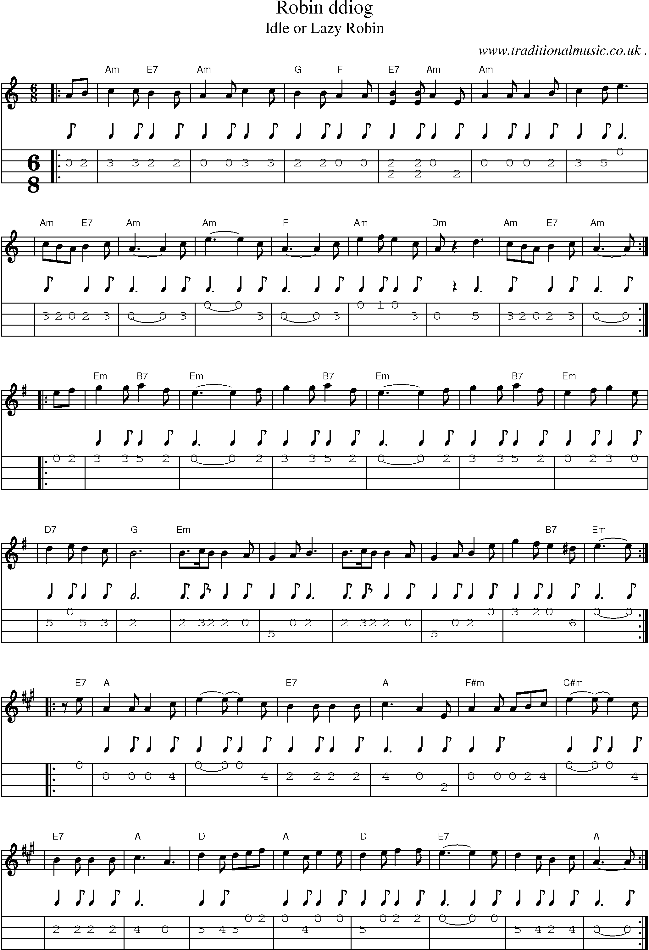 Sheet-music  score, Chords and Mandolin Tabs for Robin Ddiog
