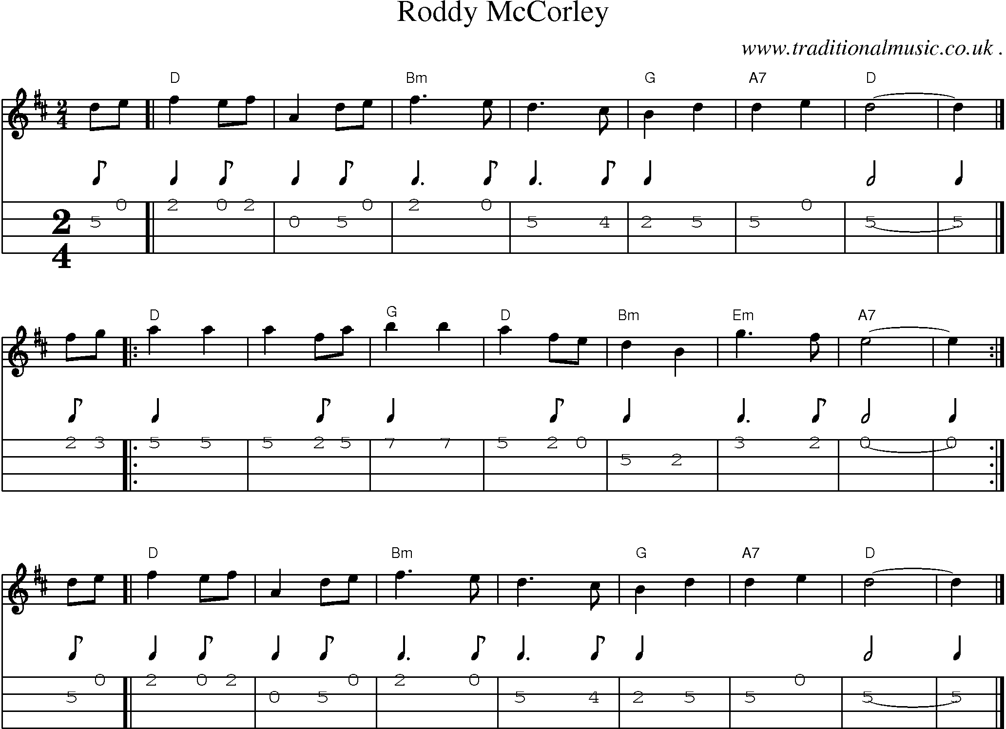 Sheet-music  score, Chords and Mandolin Tabs for Roddy Mccorley