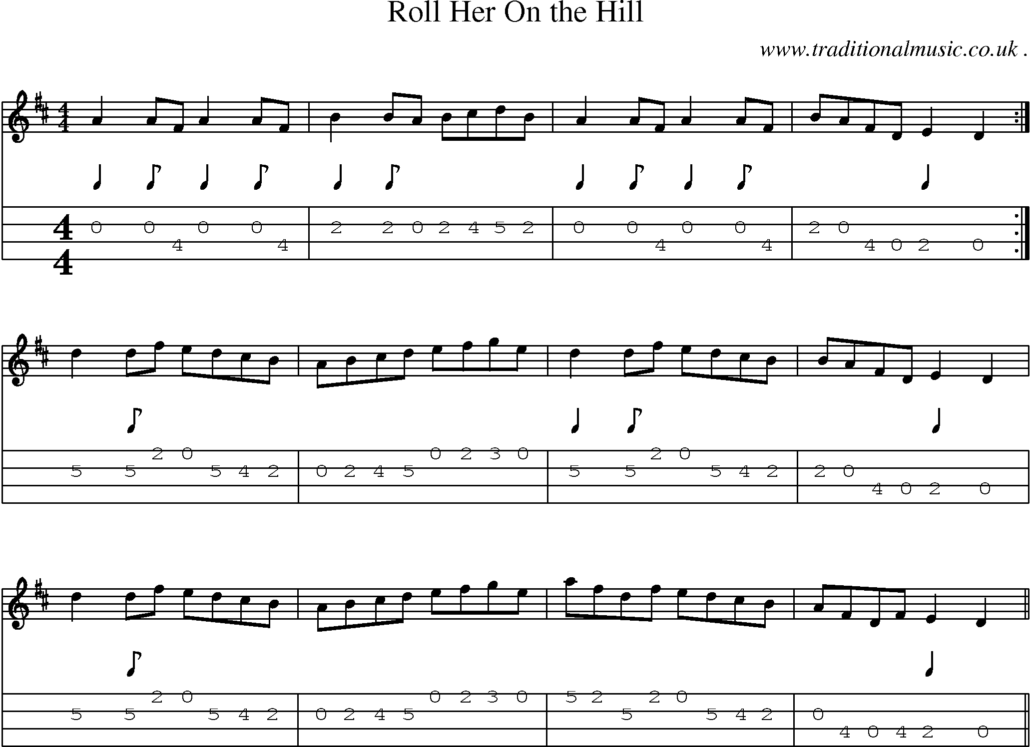 Sheet-music  score, Chords and Mandolin Tabs for Roll Her On The Hill