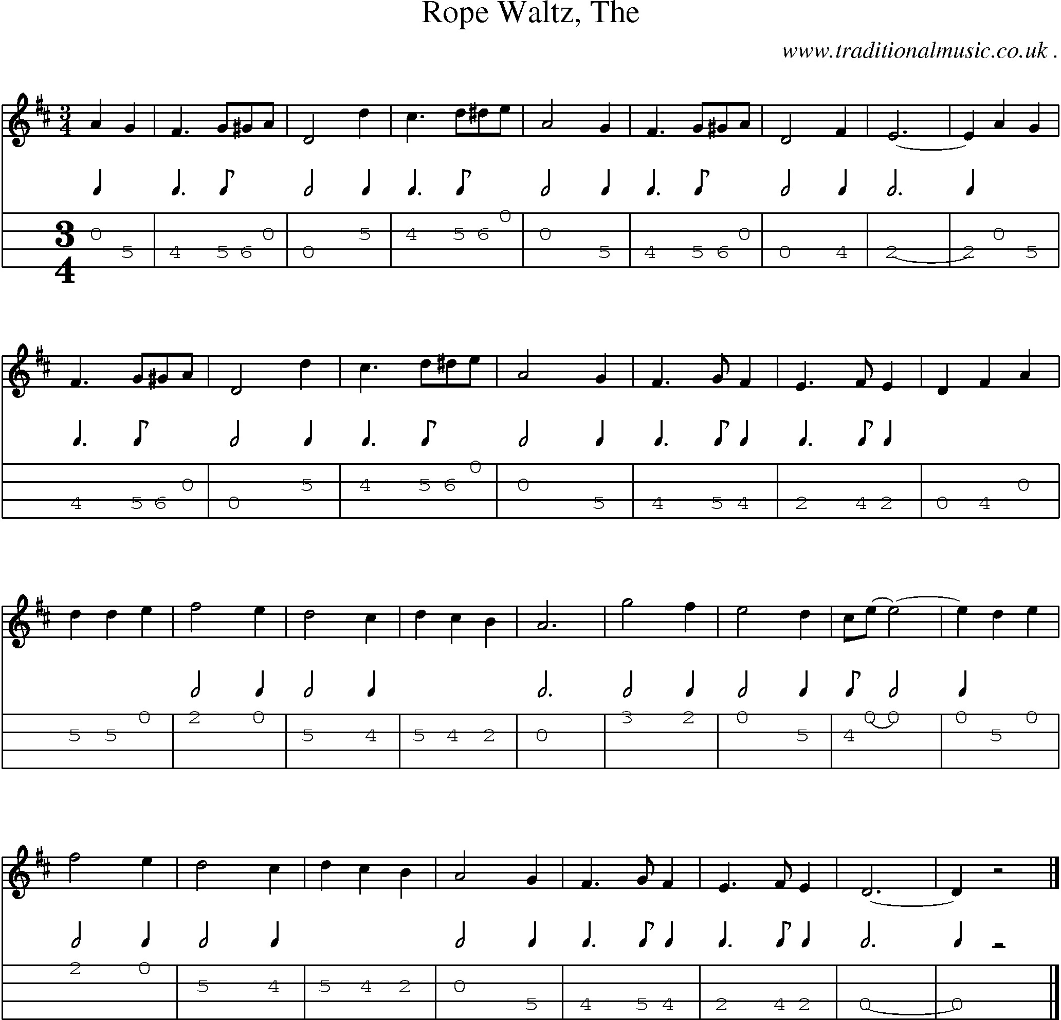 Sheet-music  score, Chords and Mandolin Tabs for Rope Waltz The