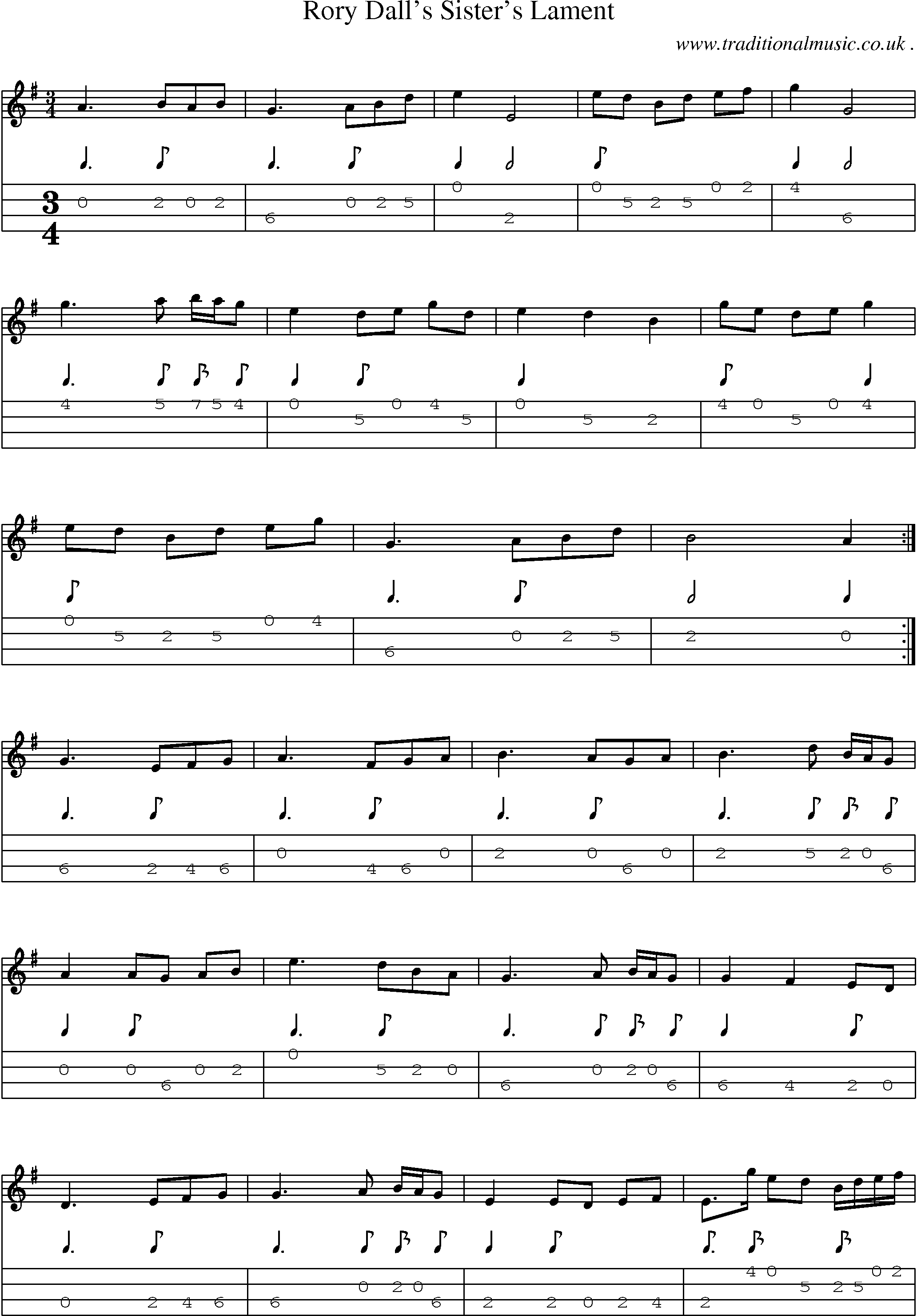 Sheet-music  score, Chords and Mandolin Tabs for Rory Dalls Sisters Lament