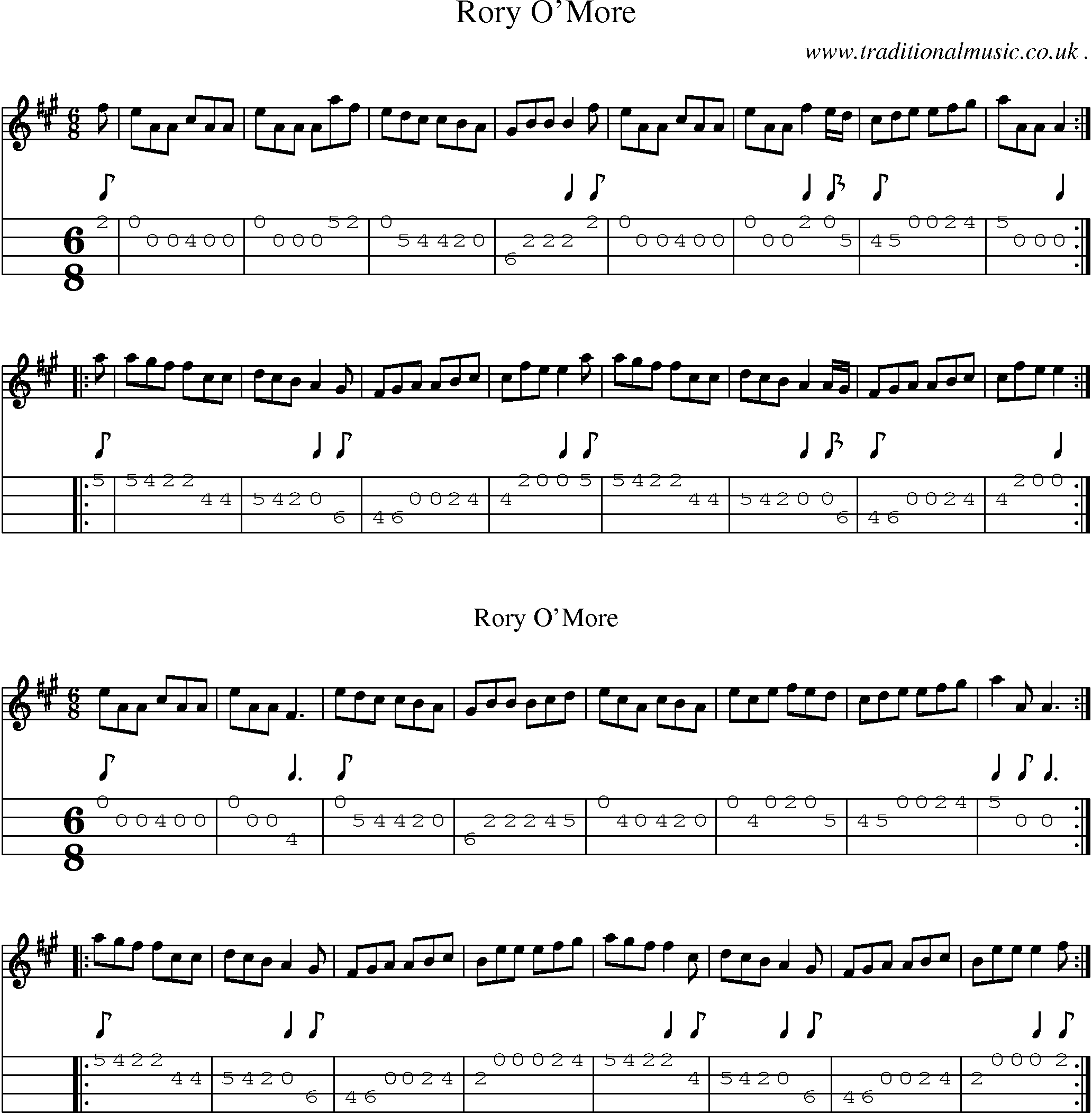 Sheet-music  score, Chords and Mandolin Tabs for Rory Omore