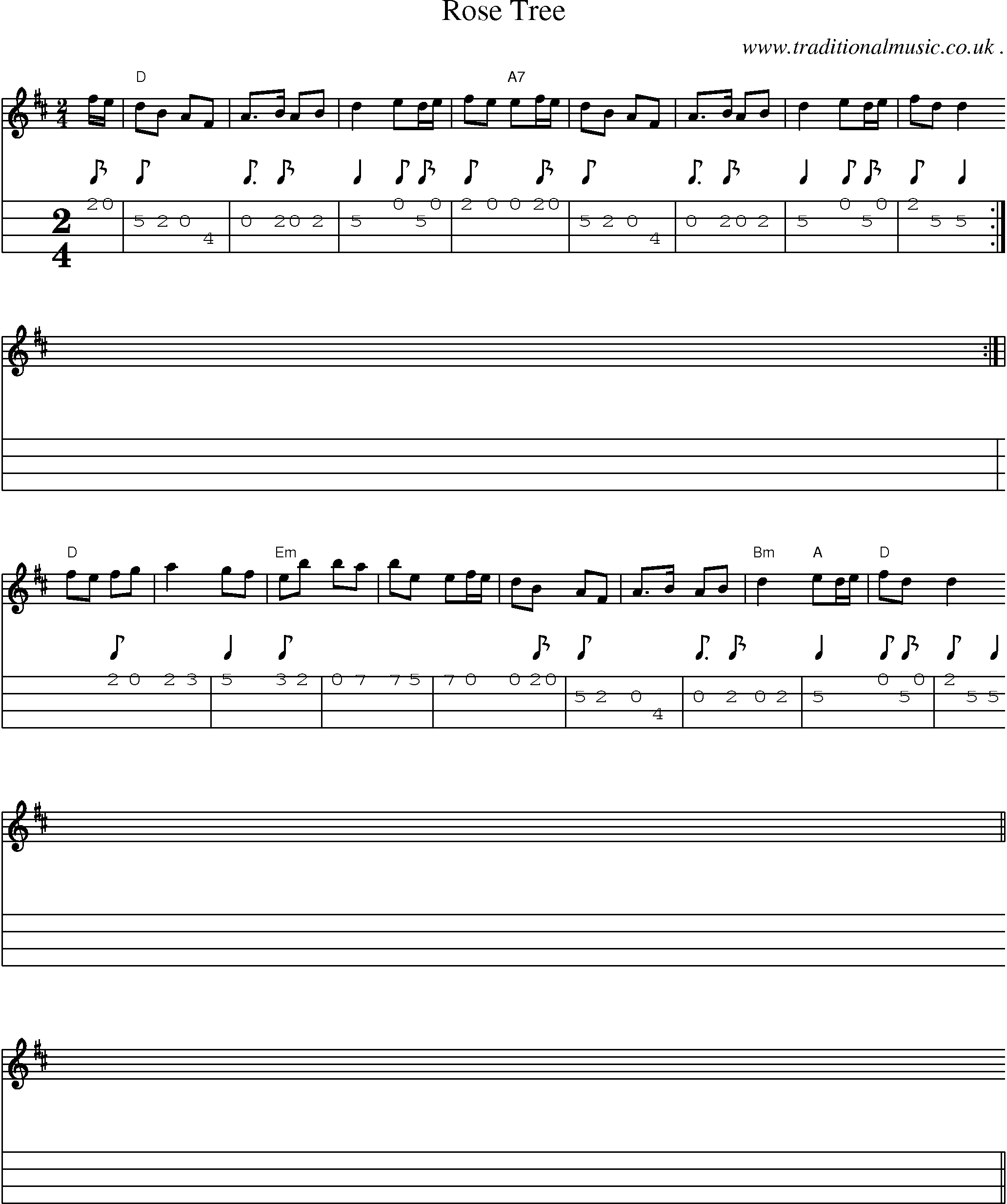 Sheet-music  score, Chords and Mandolin Tabs for Rose Tree