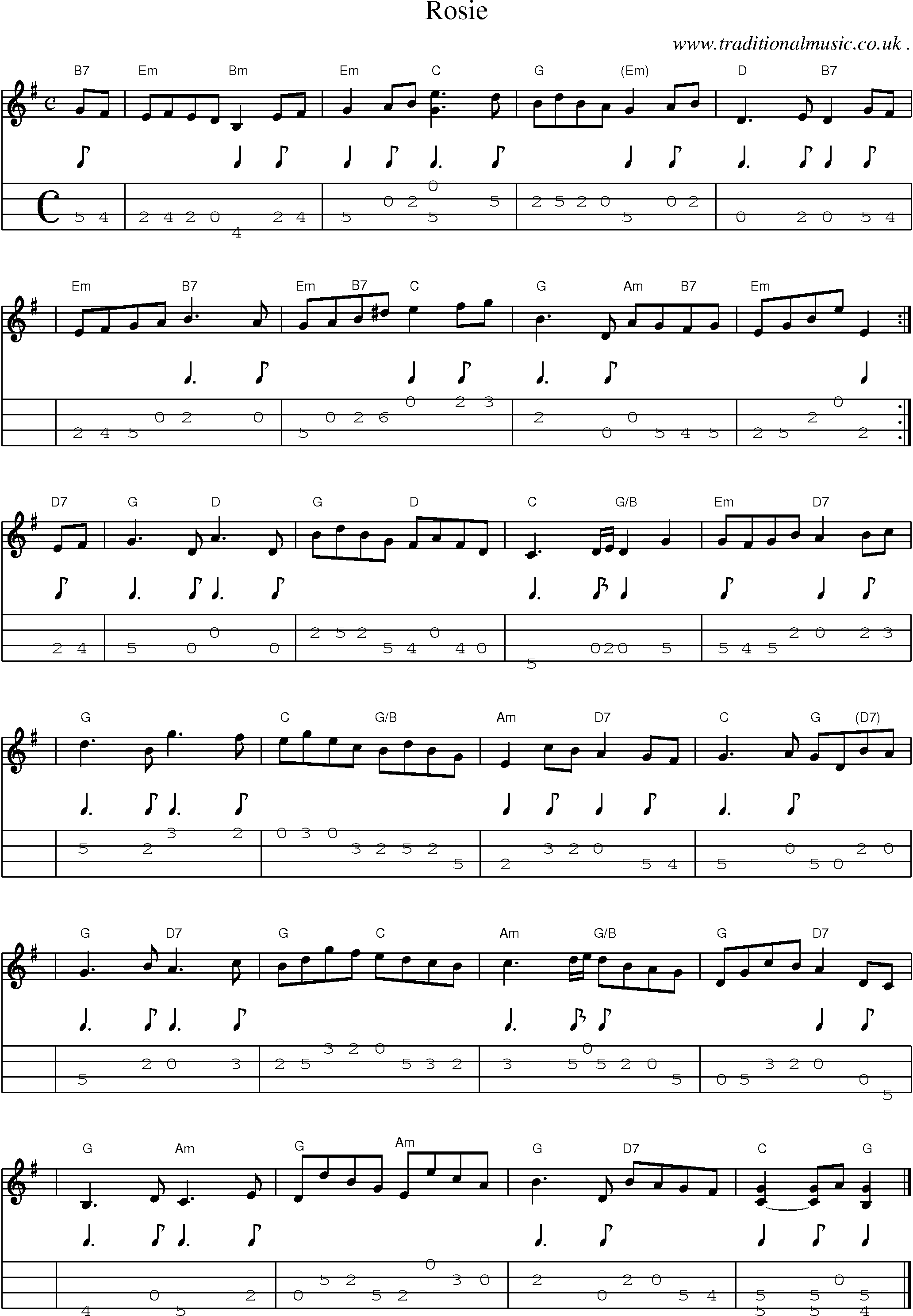 Sheet-music  score, Chords and Mandolin Tabs for Rosie