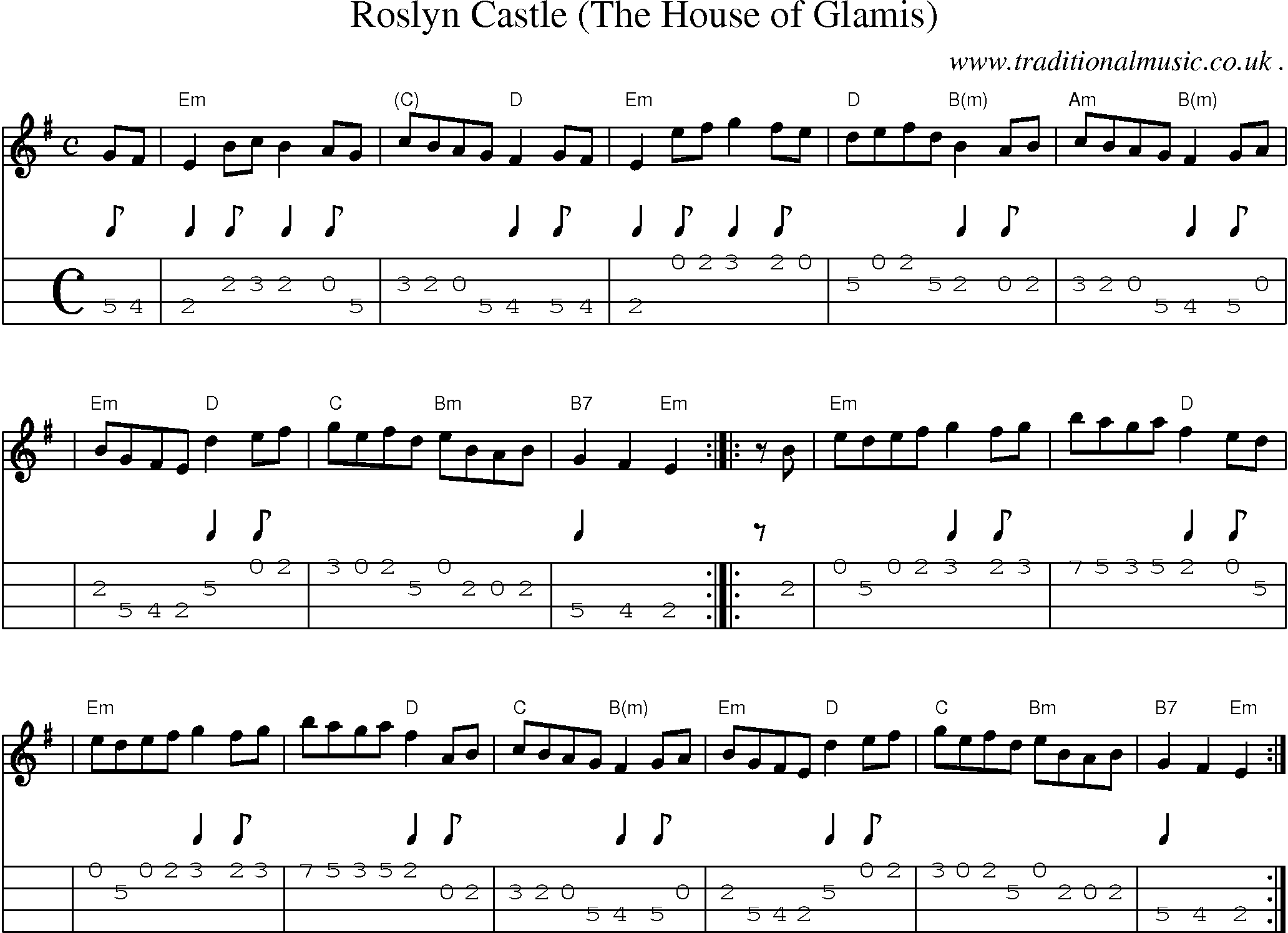 Sheet-music  score, Chords and Mandolin Tabs for Roslyn Castle The House Of Glamis