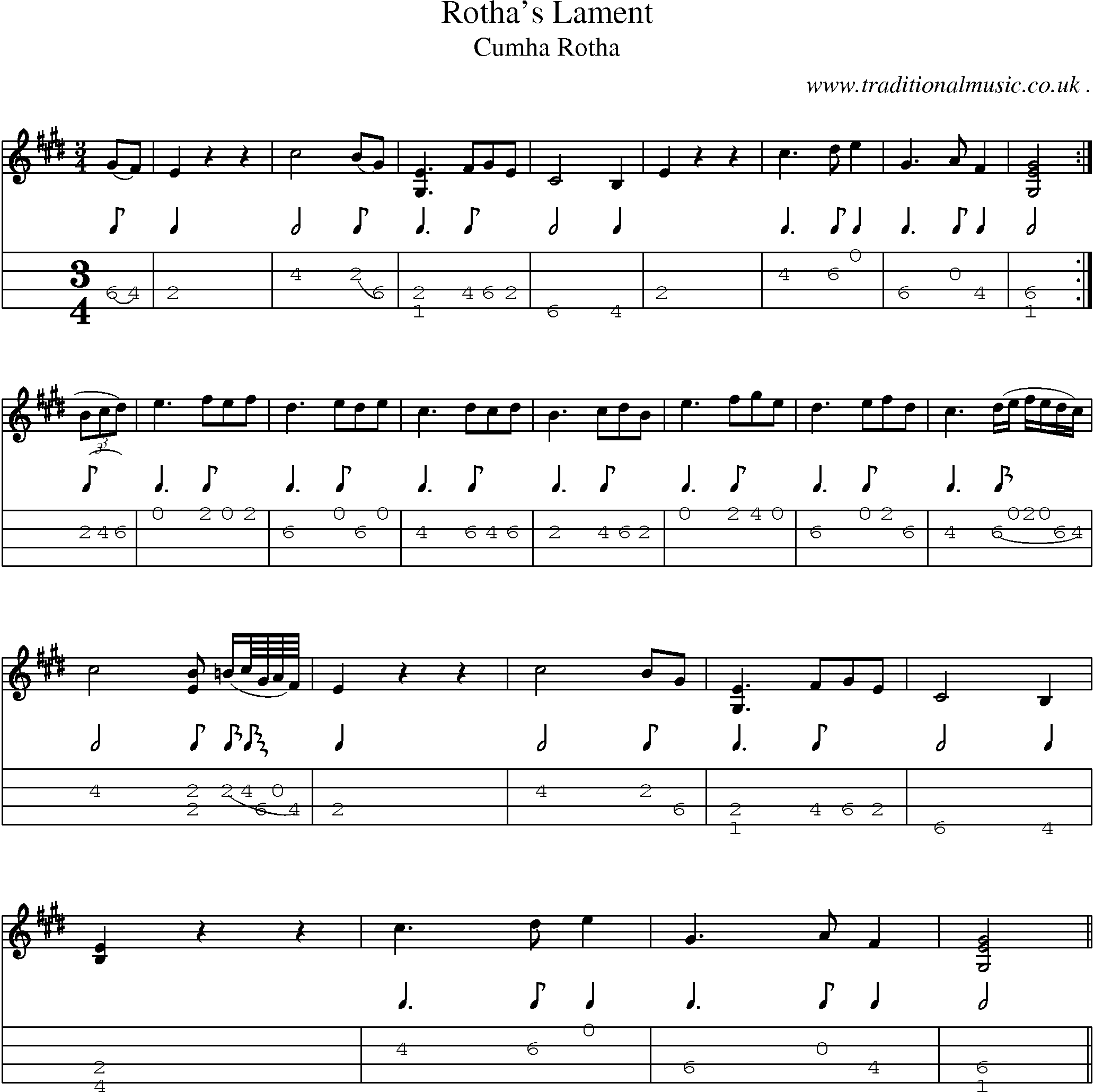 Sheet-music  score, Chords and Mandolin Tabs for Rothas Lament