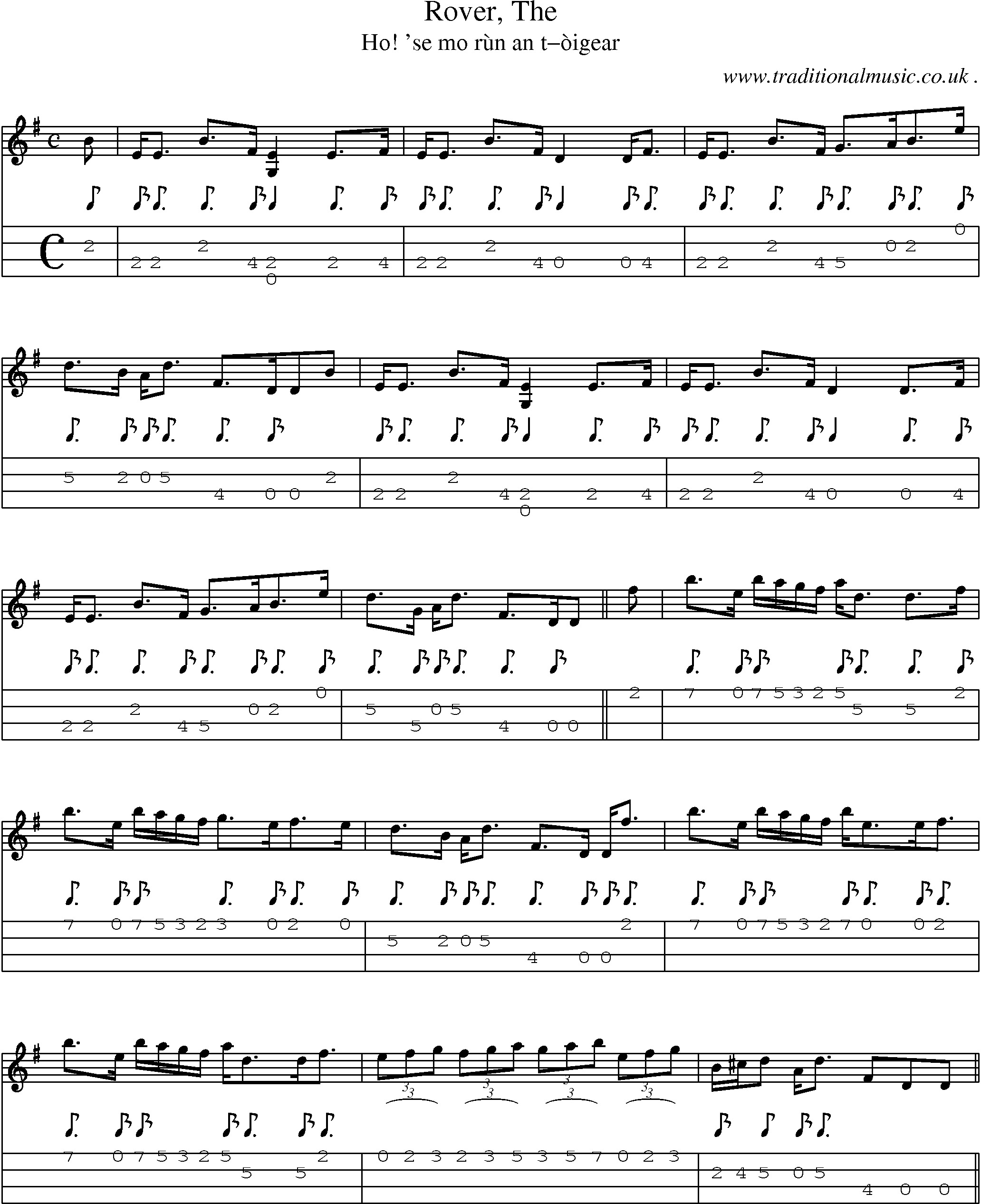 Sheet-music  score, Chords and Mandolin Tabs for Rover The