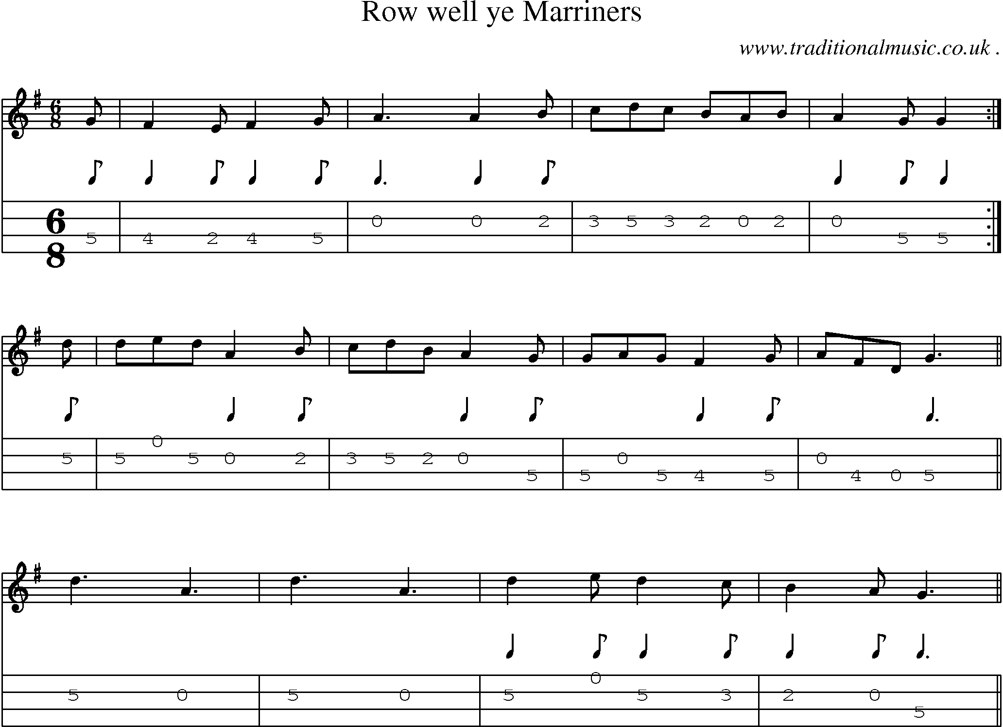 Sheet-music  score, Chords and Mandolin Tabs for Row Well Ye Marriners