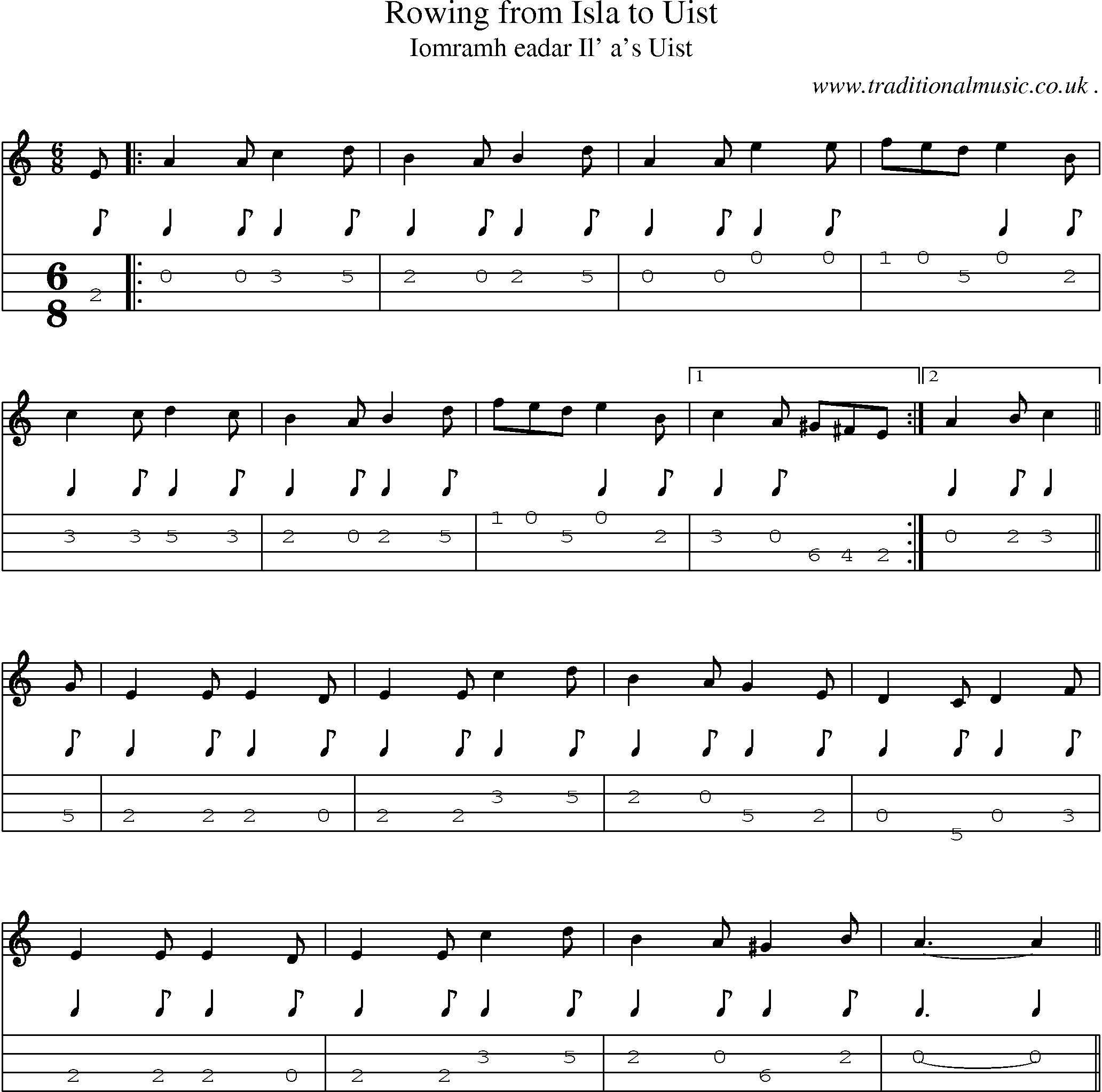 Sheet-music  score, Chords and Mandolin Tabs for Rowing From Isla To Uist