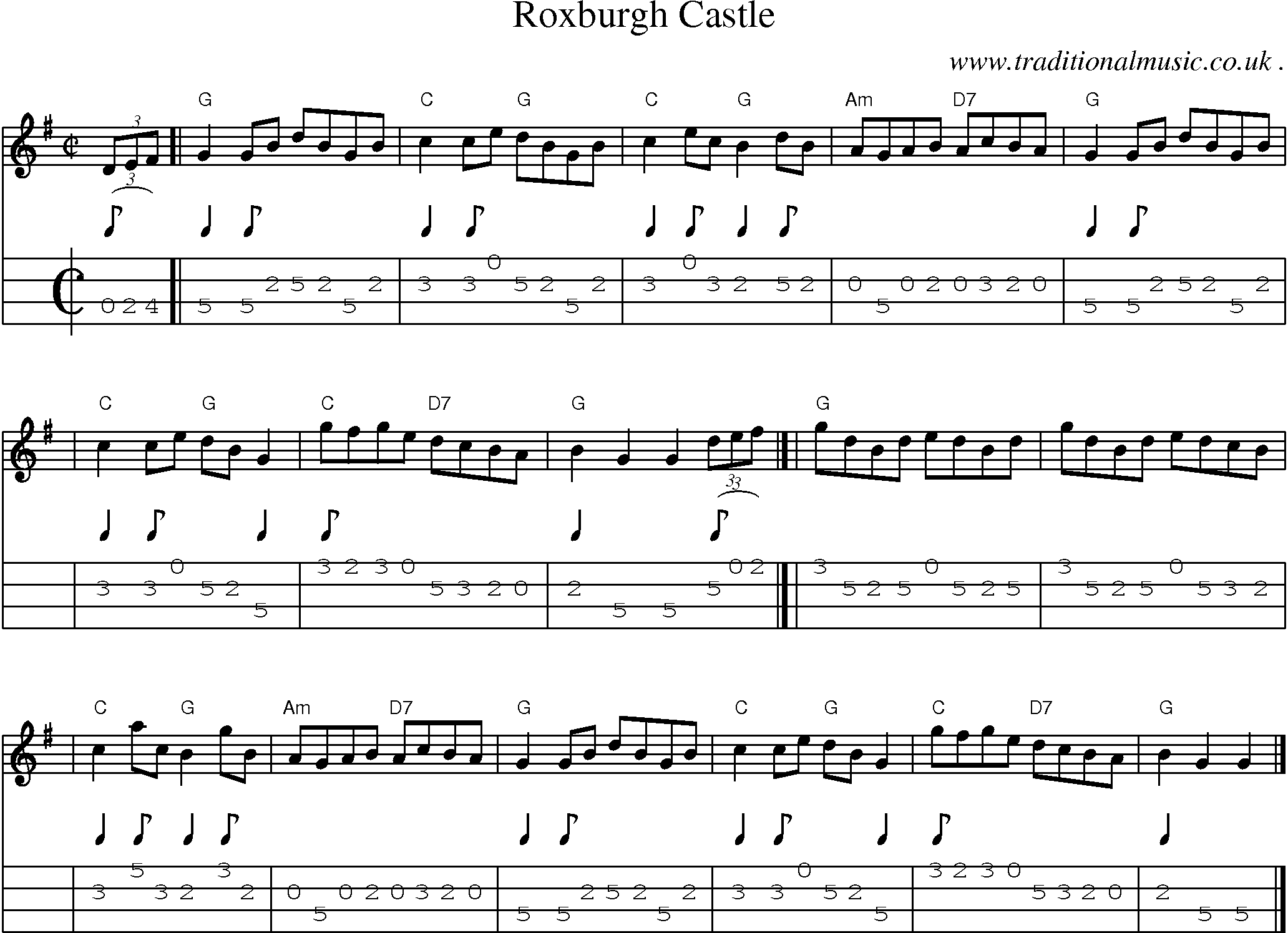 Sheet-music  score, Chords and Mandolin Tabs for Roxburgh Castle