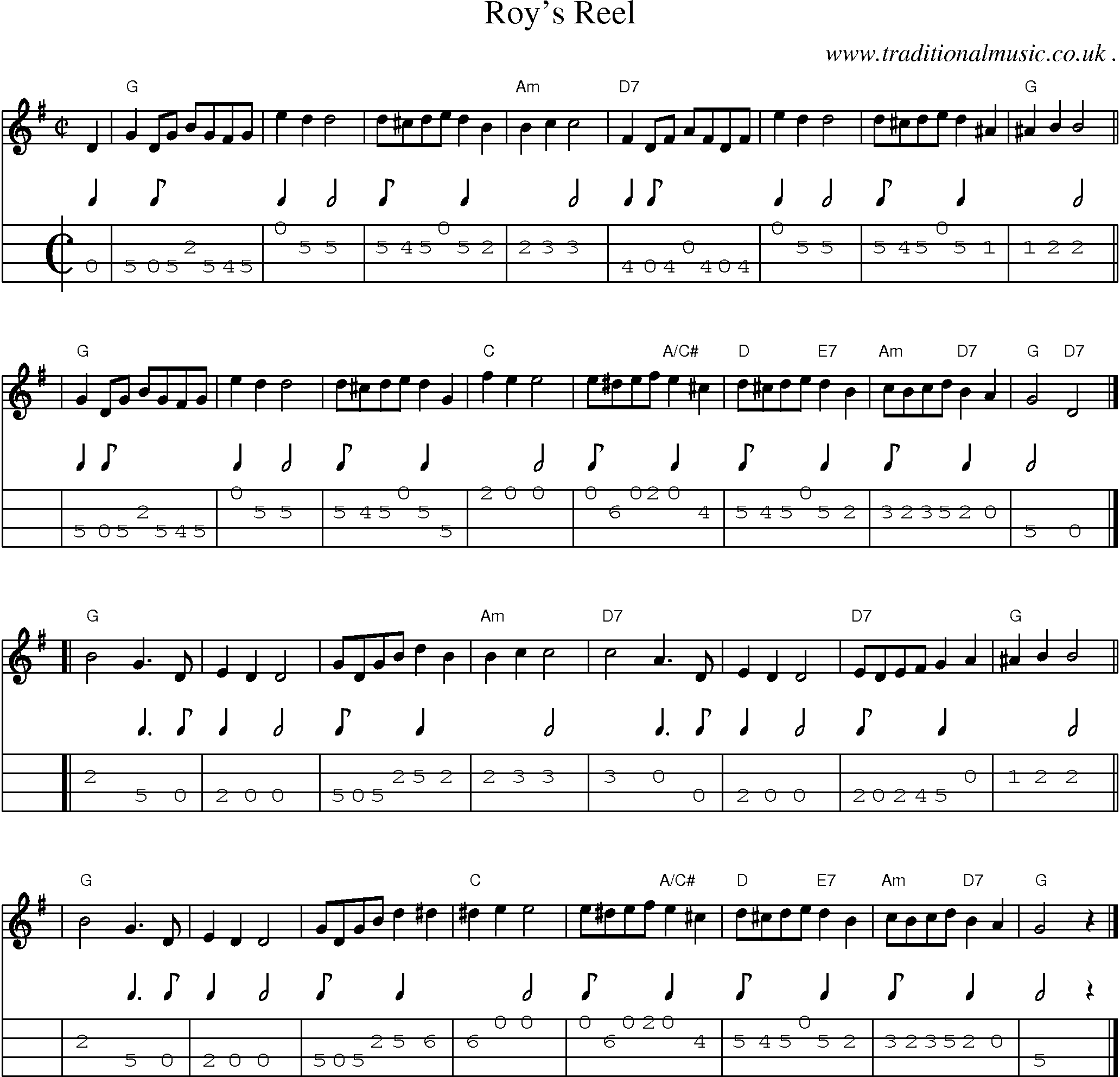 Sheet-music  score, Chords and Mandolin Tabs for Roys Reel