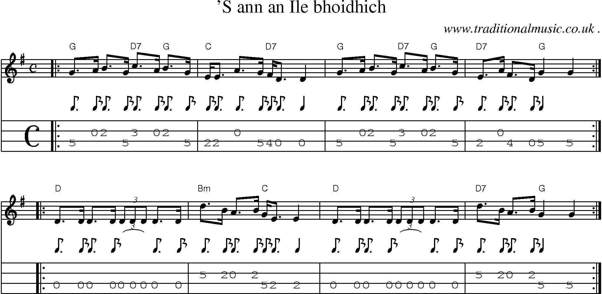 Sheet-music  score, Chords and Mandolin Tabs for S Ann An Ile Bhoidhich