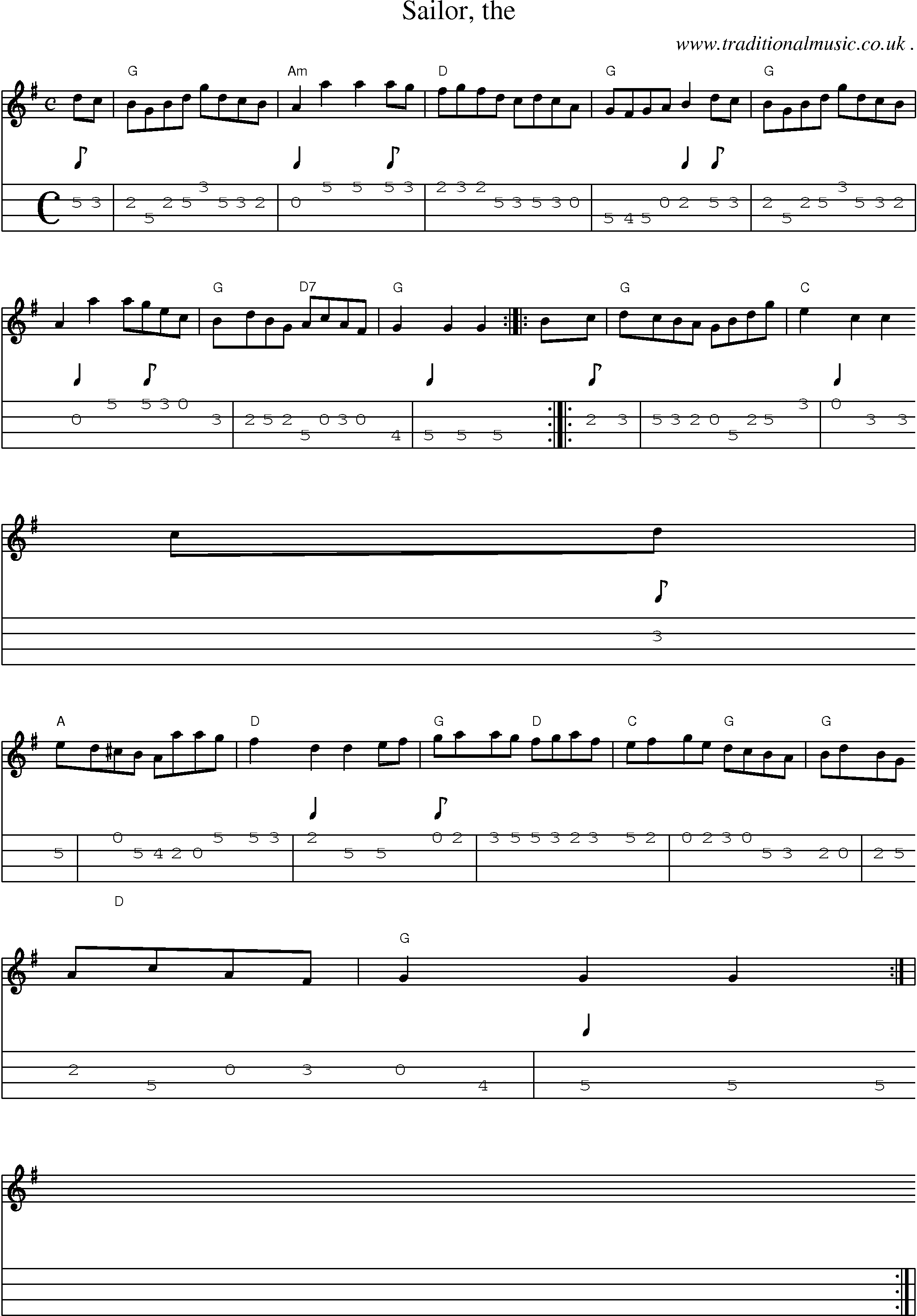 Sheet-music  score, Chords and Mandolin Tabs for Sailor The