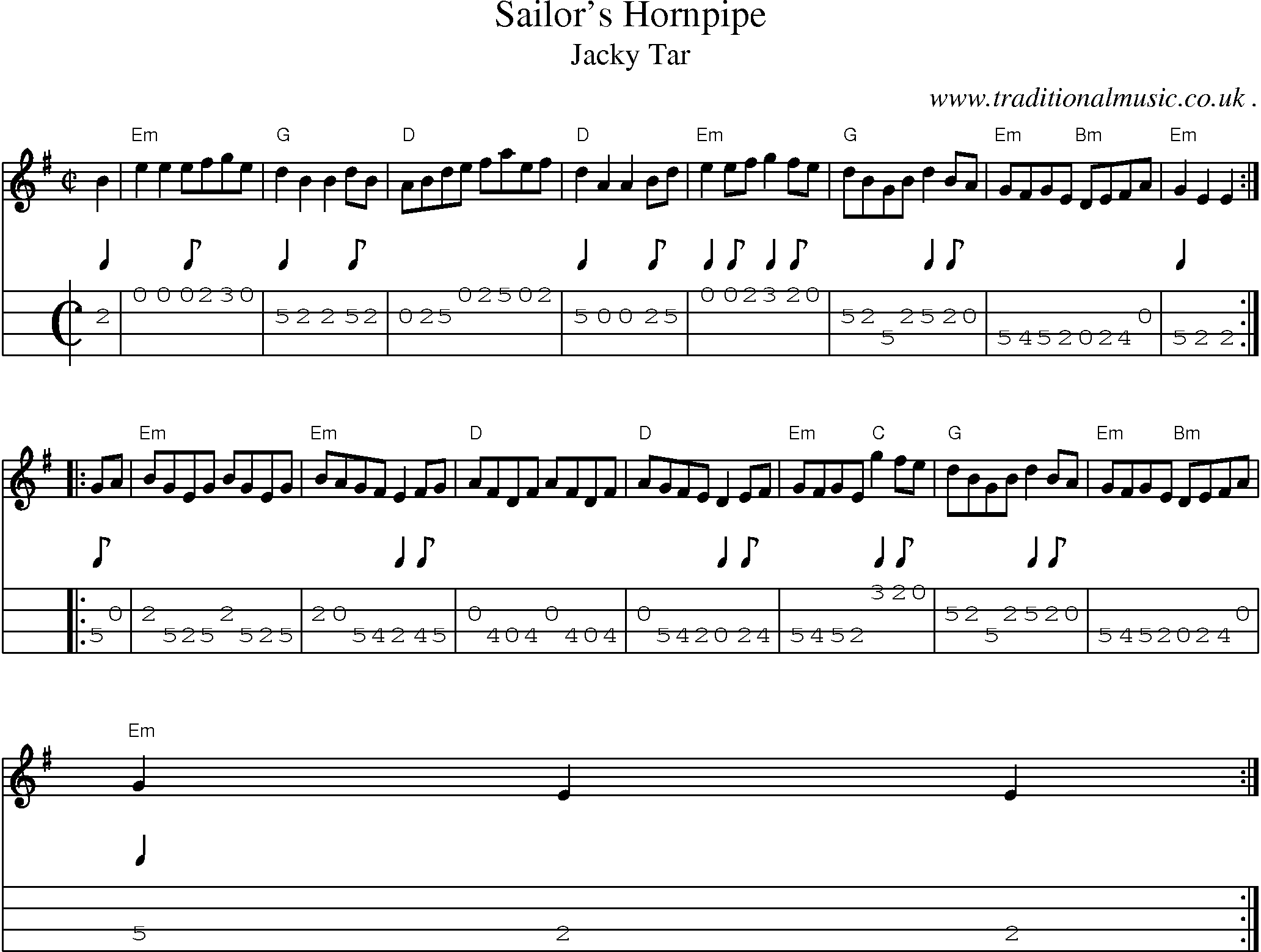 Sheet-music  score, Chords and Mandolin Tabs for Sailors Hornpipe