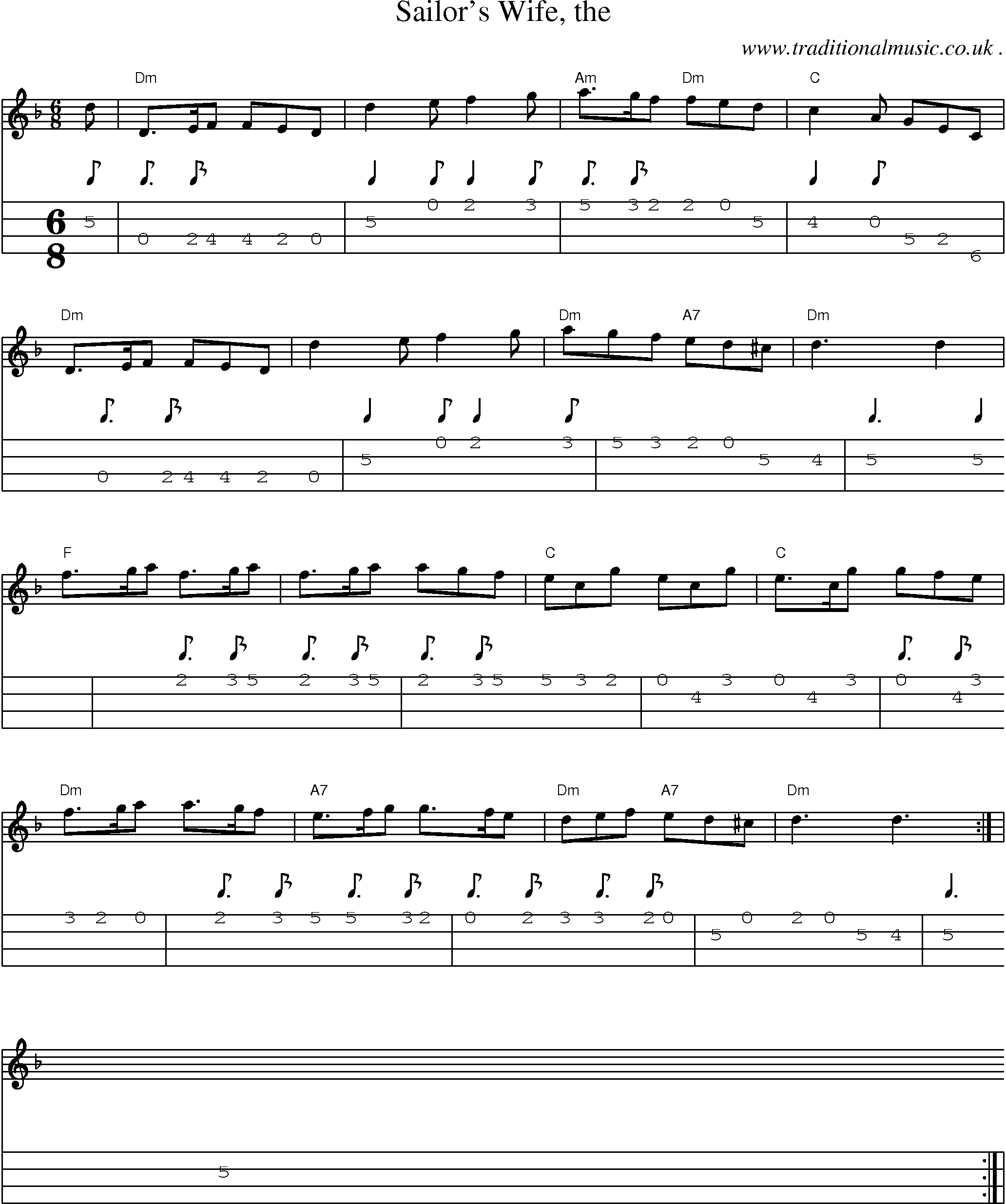 Sheet-music  score, Chords and Mandolin Tabs for Sailors Wife The